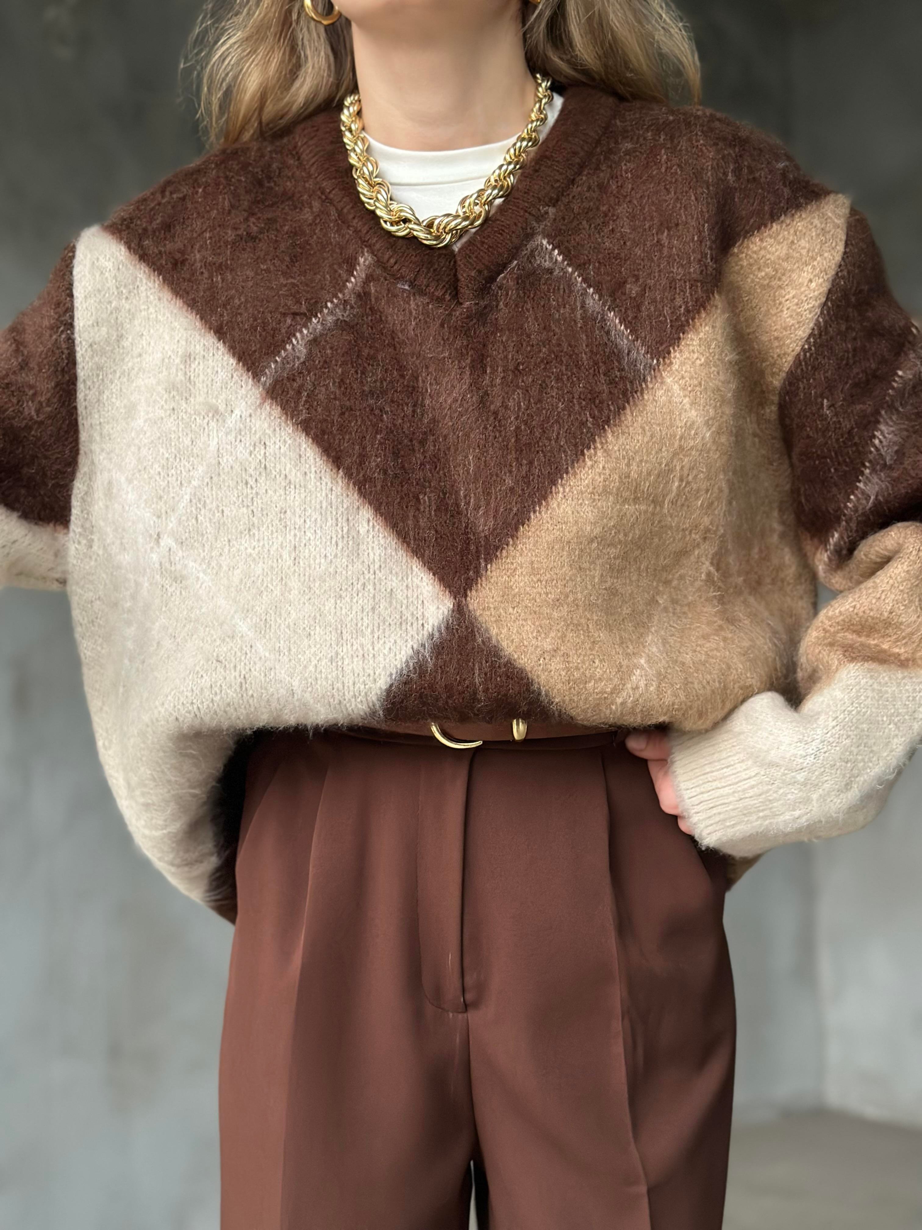 V Yaka Baklava Desenli Kazak -Camel - Dominatrend