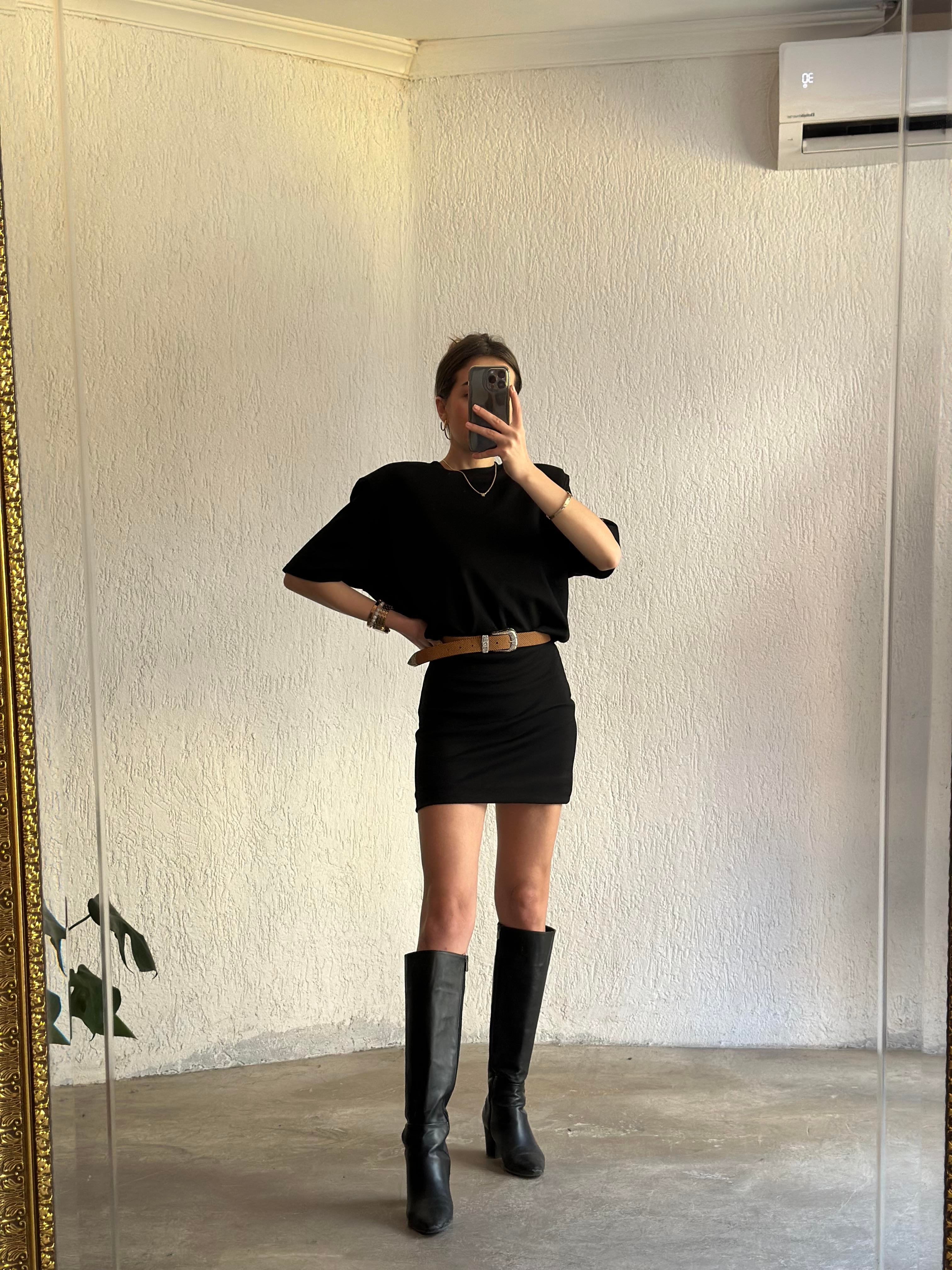 Vatkalı Basic T-Shirt Elbise - Siyah - Dominatrend
