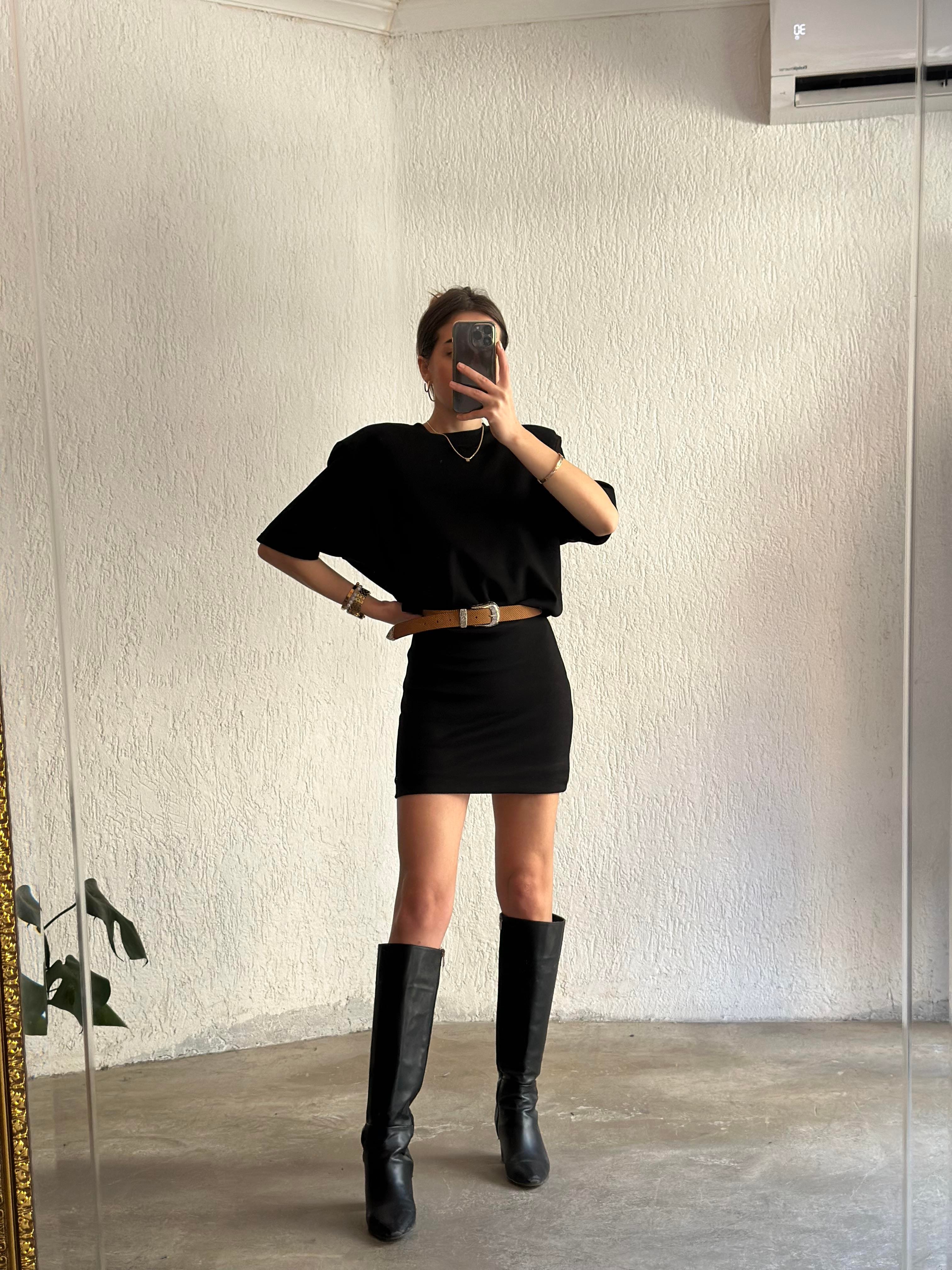 Vatkalı Basic T-Shirt Elbise - Siyah - Dominatrend