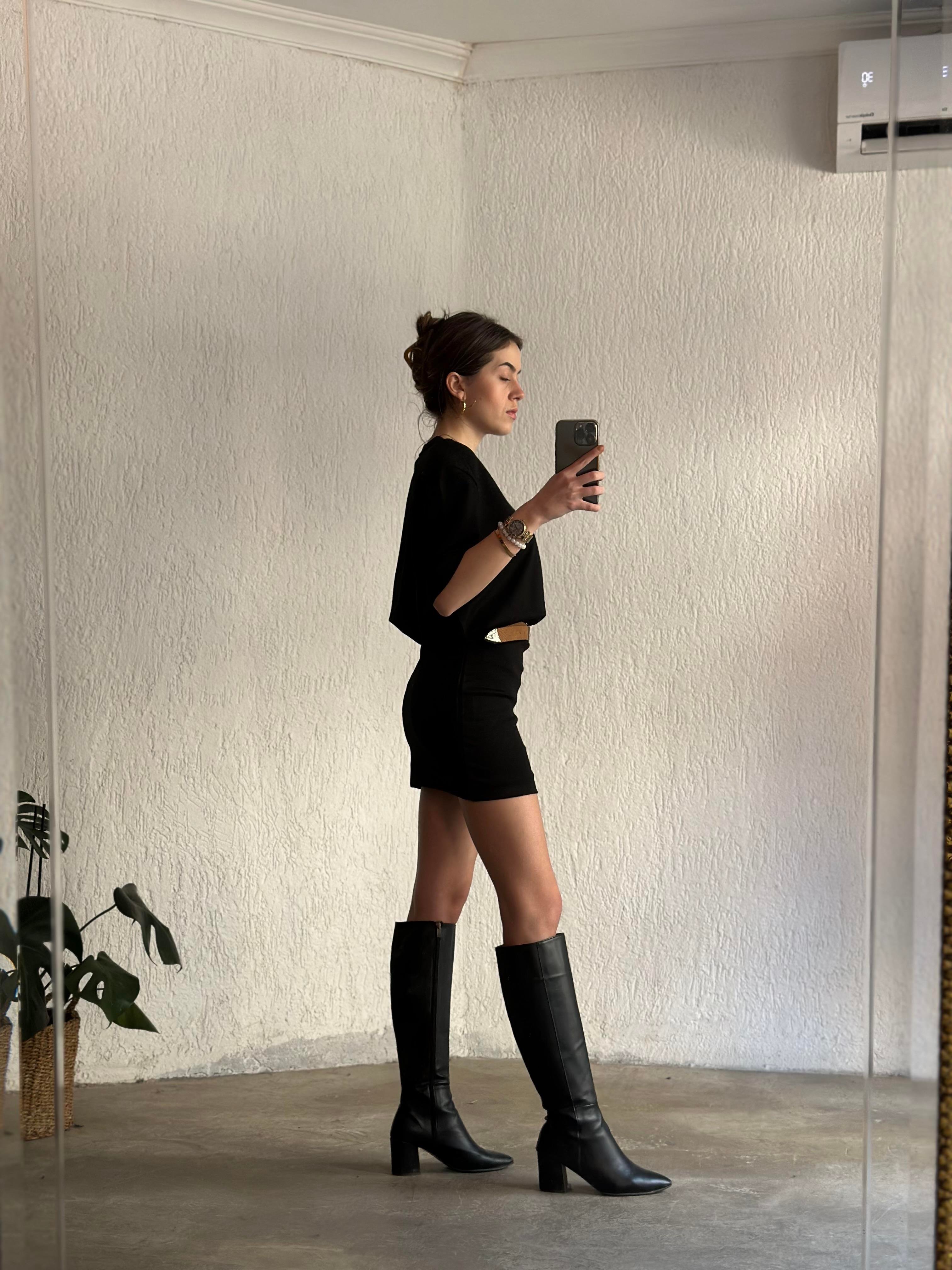 Vatkalı Basic T-Shirt Elbise - Siyah - Dominatrend