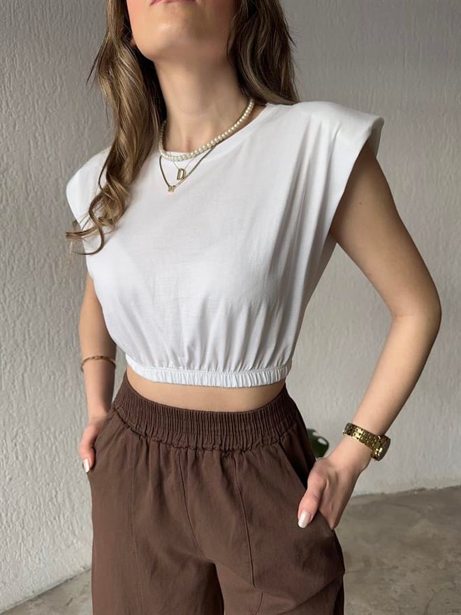 Vatkalı Crop T-Shirt - Beyaz - Dominatrend