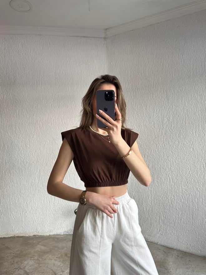 Vatkalı Crop T-Shirt - Kahve - Dominatrend