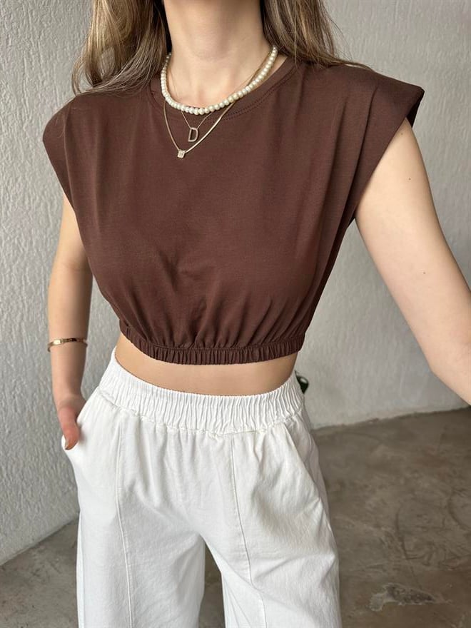 Vatkalı Crop T-Shirt - Kahve - Dominatrend