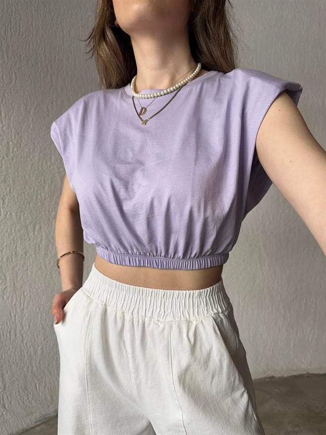 Vatkalı Crop T-Shirt - Lila - Dominatrend
