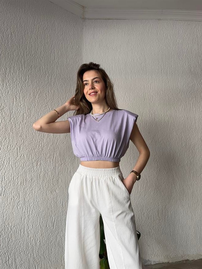 Vatkalı Crop T-Shirt - Lila - Dominatrend