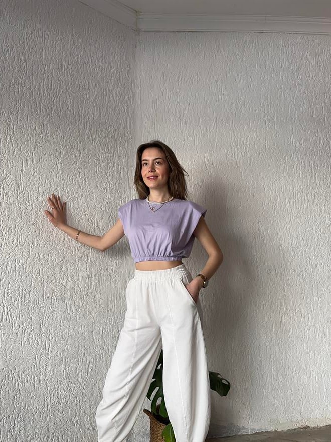 Vatkalı Crop T-Shirt - Lila - Dominatrend