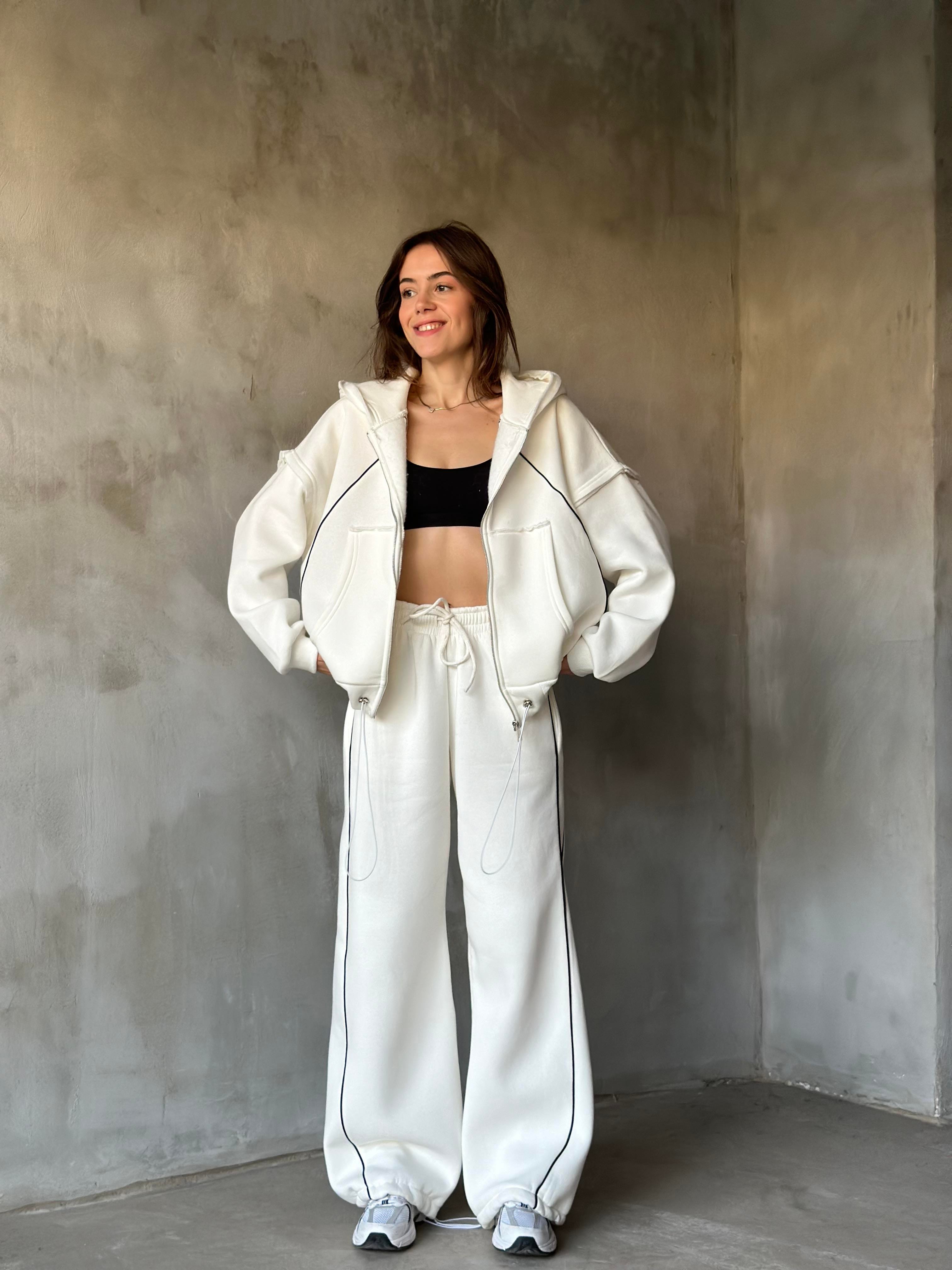 Vecy Lastik Detay Oversize Hırkalı Takım -  Beyaz - Dominatrend