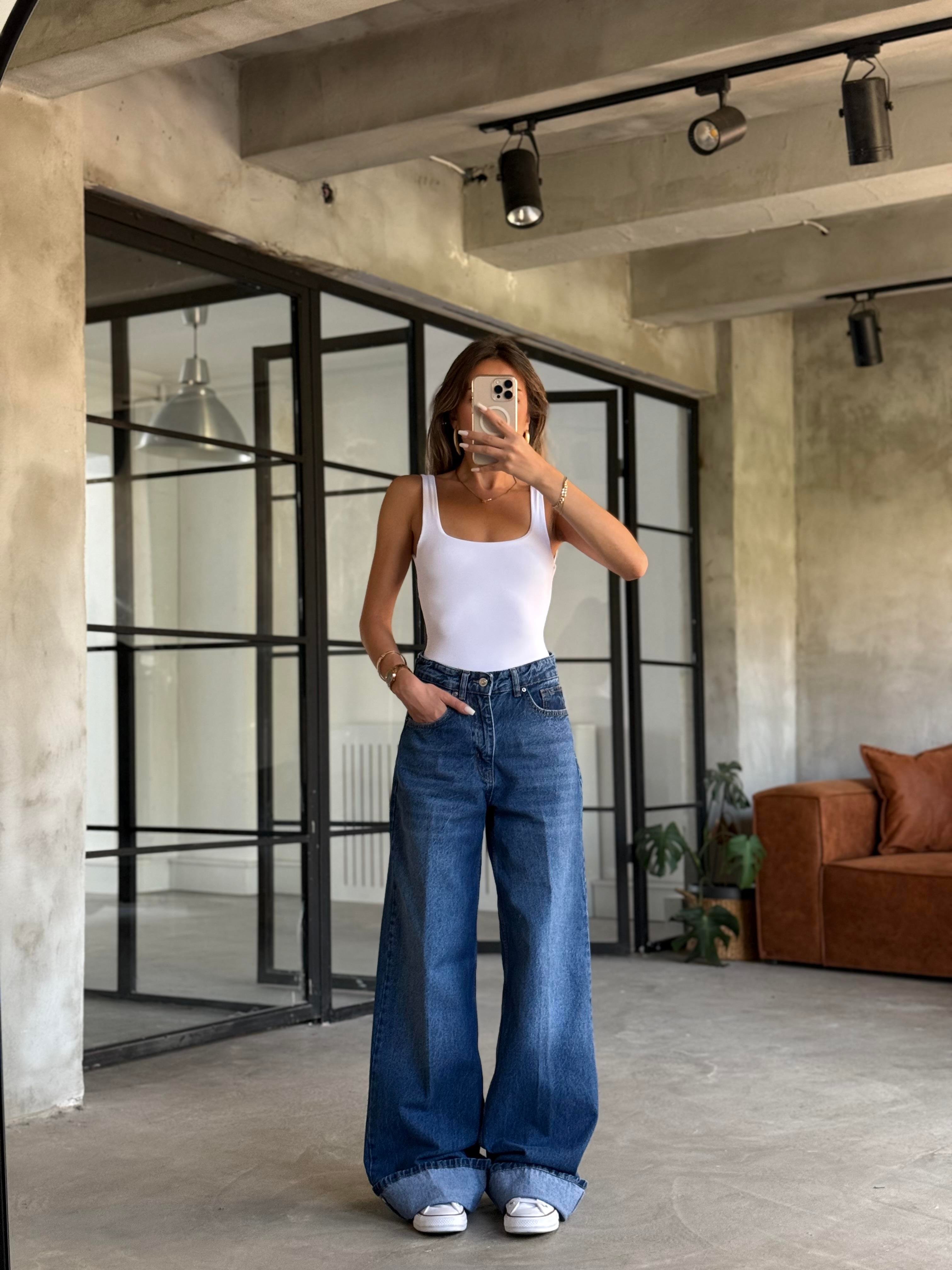 Wide Lag Kıvrık Paça Jean - Koyu Mavi - Dominatrend
