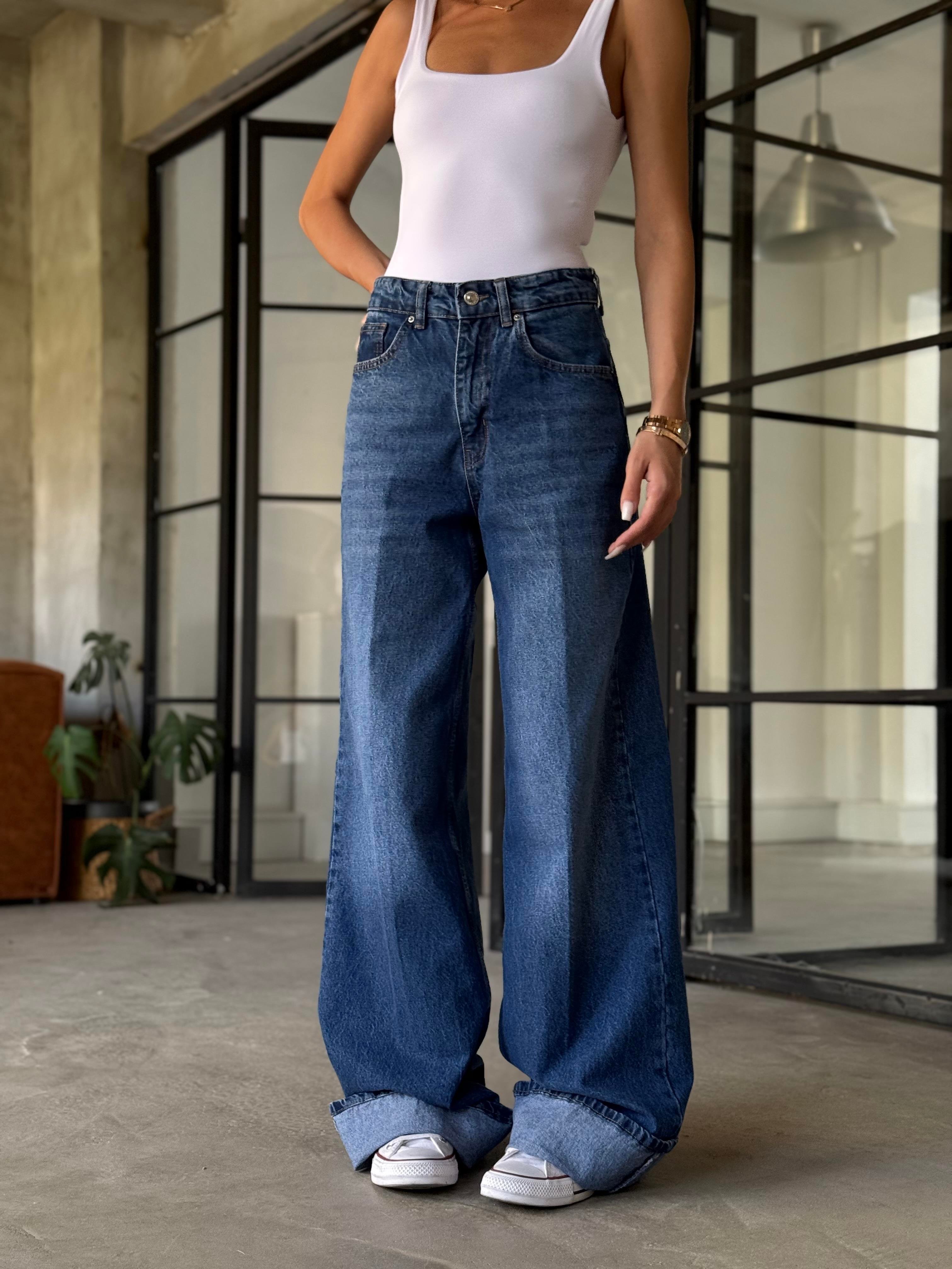Wide Lag Kıvrık Paça Jean - Koyu Mavi - Dominatrend