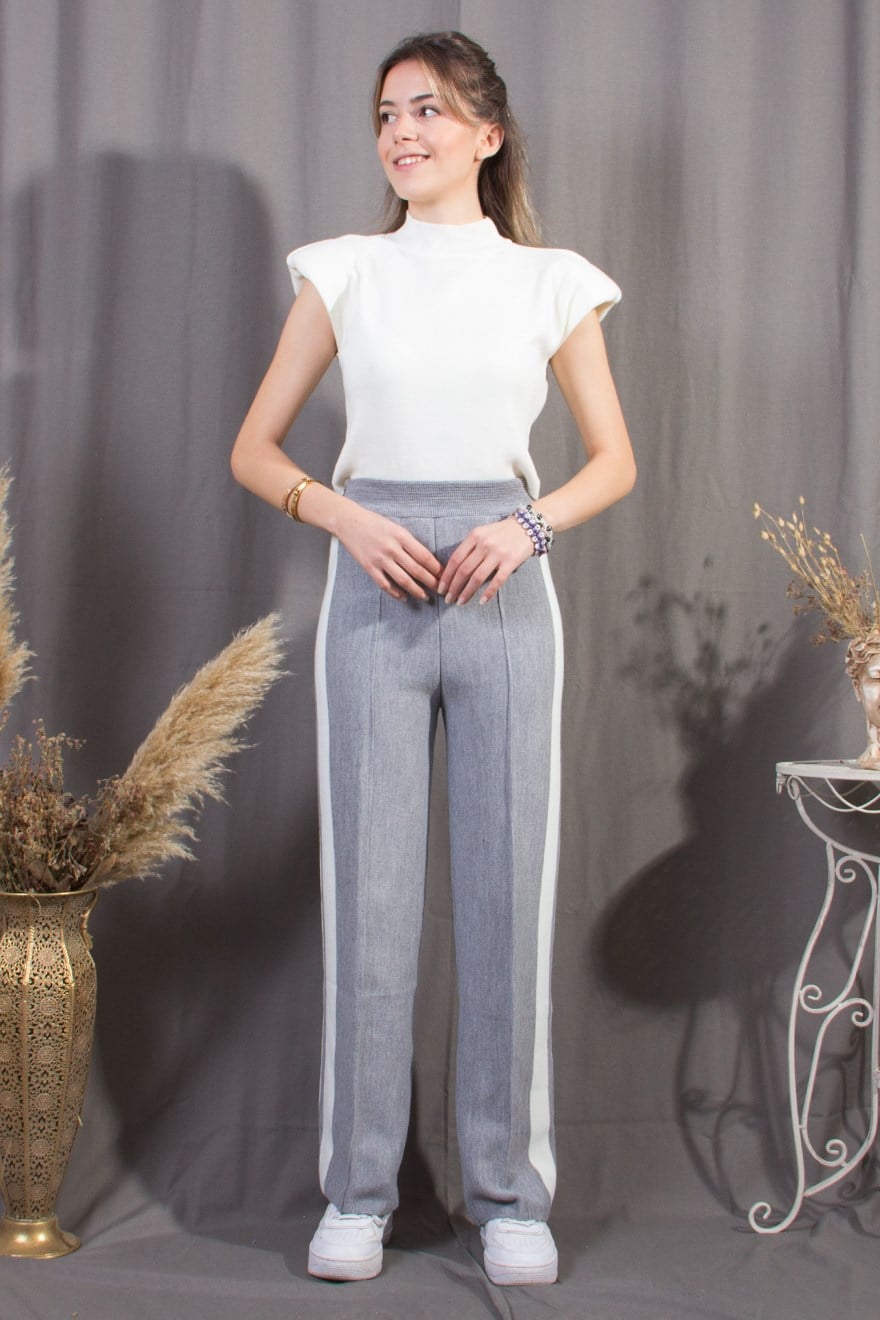 Yanı Şeritli Triko Pantolon - Gri - Dominatrend