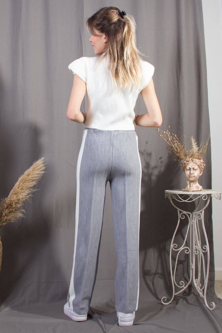 Yanı Şeritli Triko Pantolon - Gri - Dominatrend