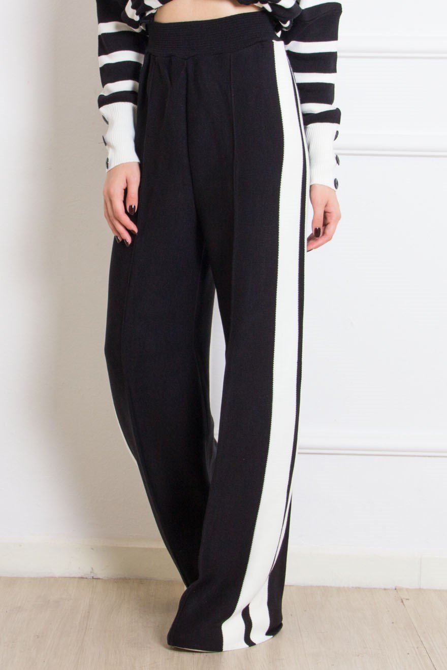 Yanı Şeritli Triko Pantolon - Siyah - Dominatrend