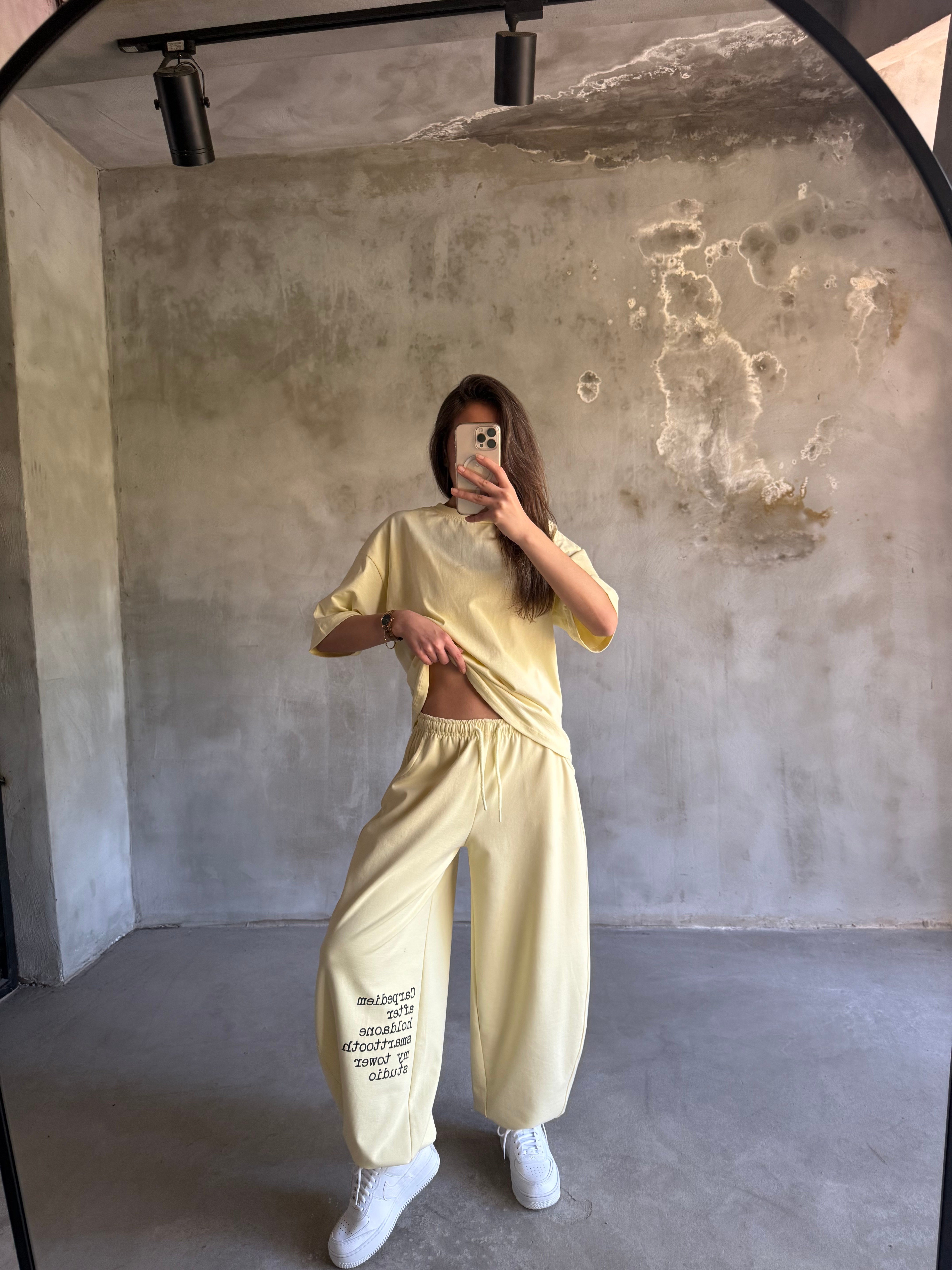 Yazı Baskılı Oversize Stoperli Takım - Sarı - Dominatrend