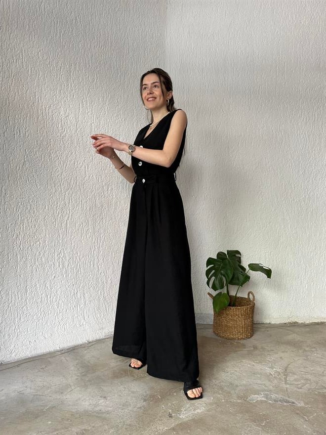 Yelek - Pantolon Keten İkili Takım - Siyah - Dominatrend