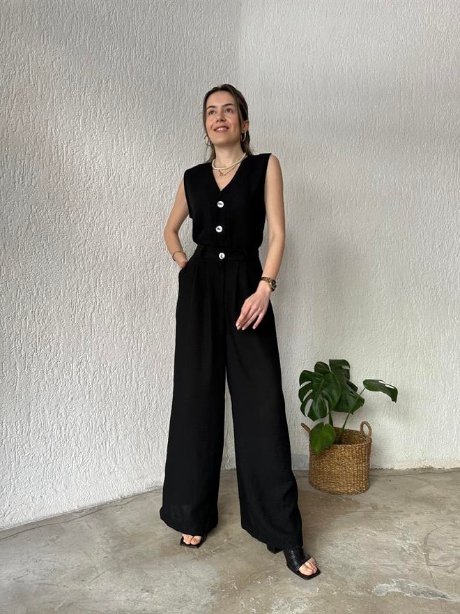 Yelek - Pantolon Keten İkili Takım - Siyah - Dominatrend