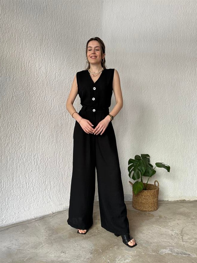 Yelek - Pantolon Keten İkili Takım - Siyah - Dominatrend