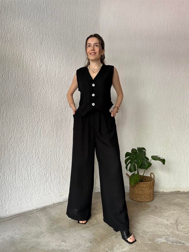 Yelek - Pantolon Keten İkili Takım - Siyah - Dominatrend