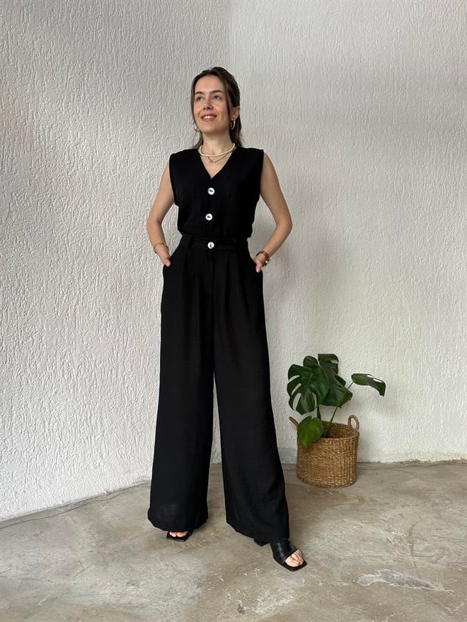 Yelek - Pantolon Keten İkili Takım - Siyah - Dominatrend