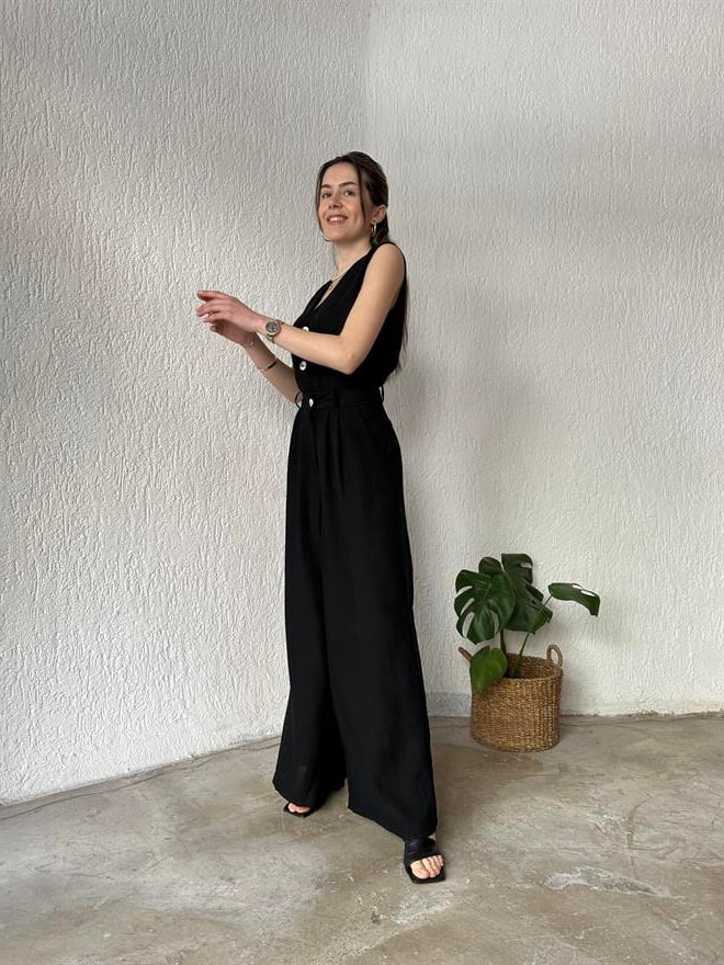 Yelek - Pantolon Keten İkili Takım - Siyah - Dominatrend
