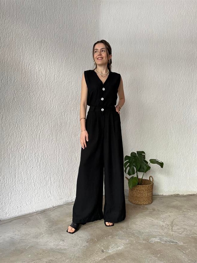 Yelek - Pantolon Keten İkili Takım - Siyah - Dominatrend