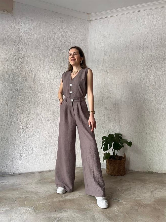 Yelek - Pantolon Keten İkili Takım - Vizon - Dominatrend