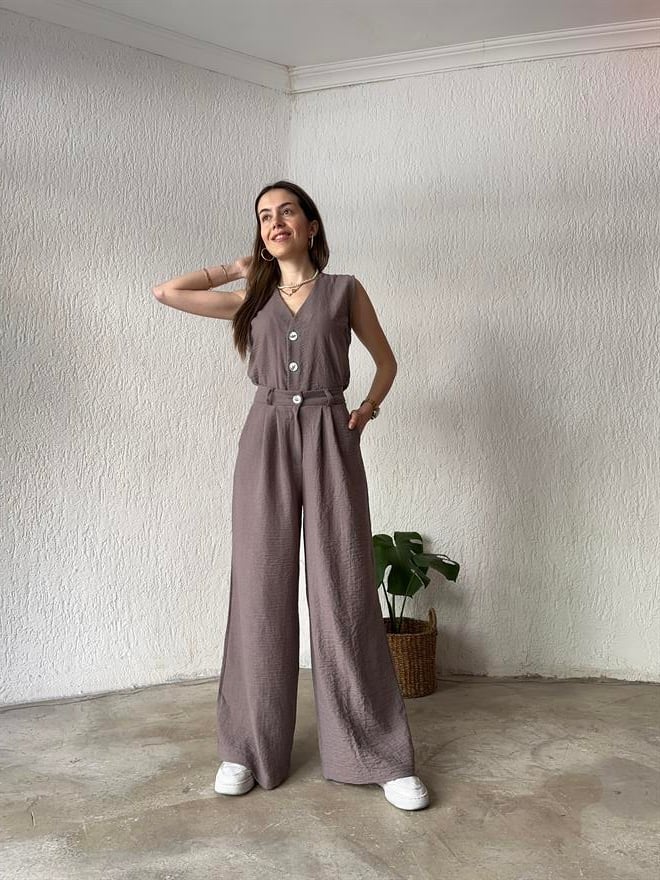 Yelek - Pantolon Keten İkili Takım - Vizon - Dominatrend