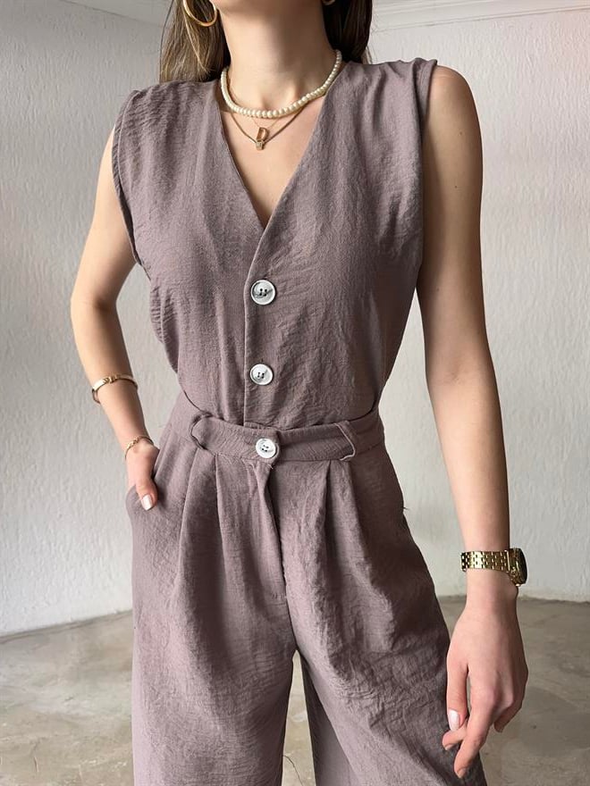 Yelek - Pantolon Keten İkili Takım - Vizon - Dominatrend