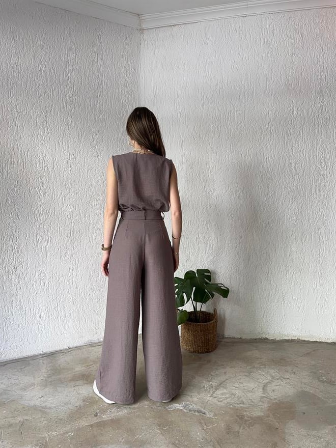 Yelek - Pantolon Keten İkili Takım - Vizon - Dominatrend