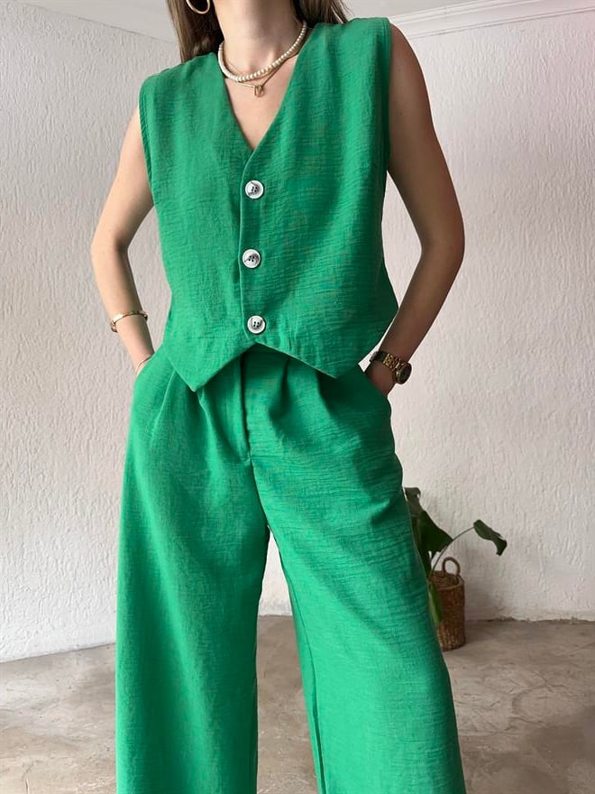 Yelek - Pantolon Keten İkili Takım - Yeşil - Dominatrend