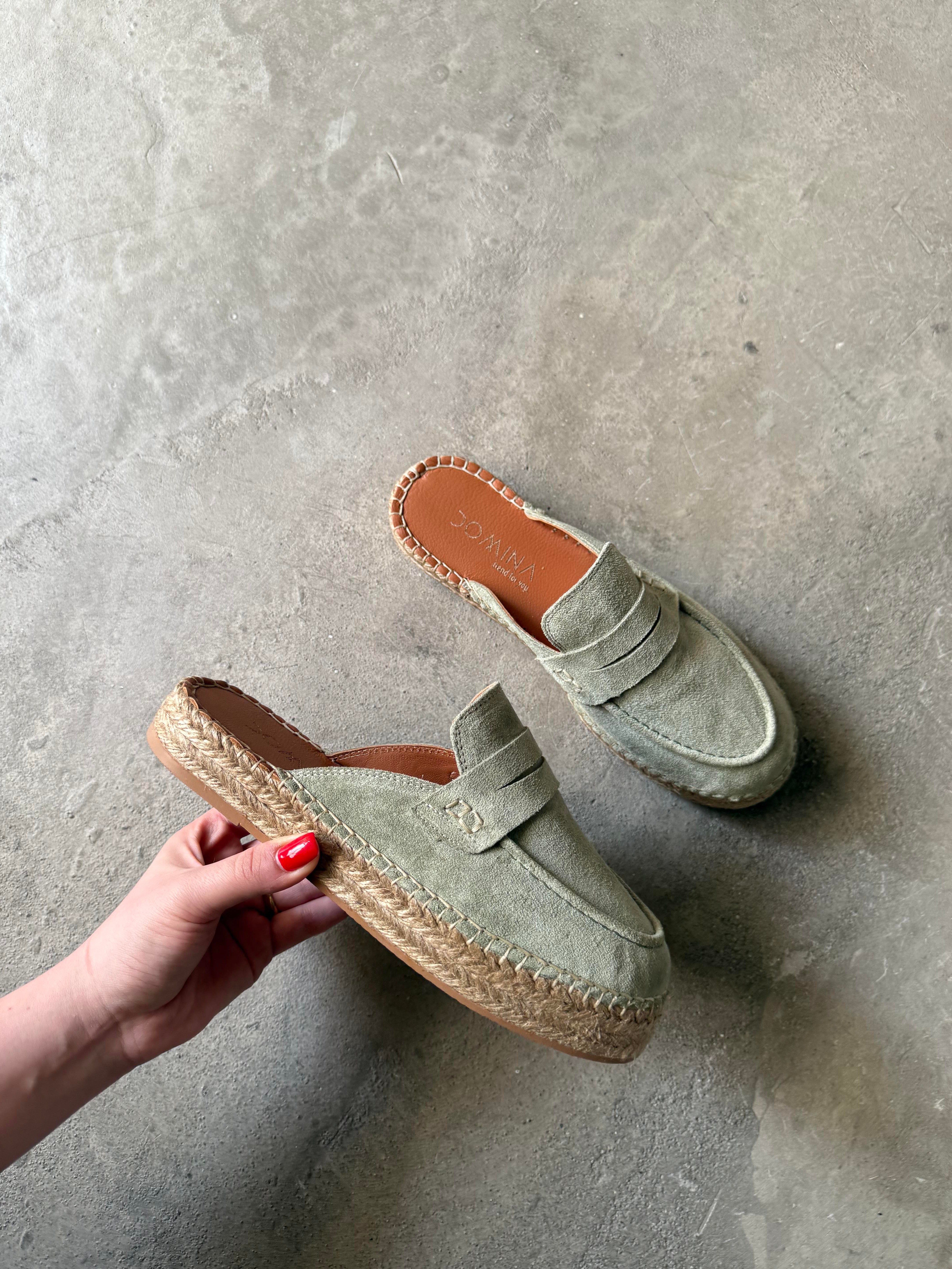 Yeşil Hakiki Deri Espadril Terlik - Dominatrend
