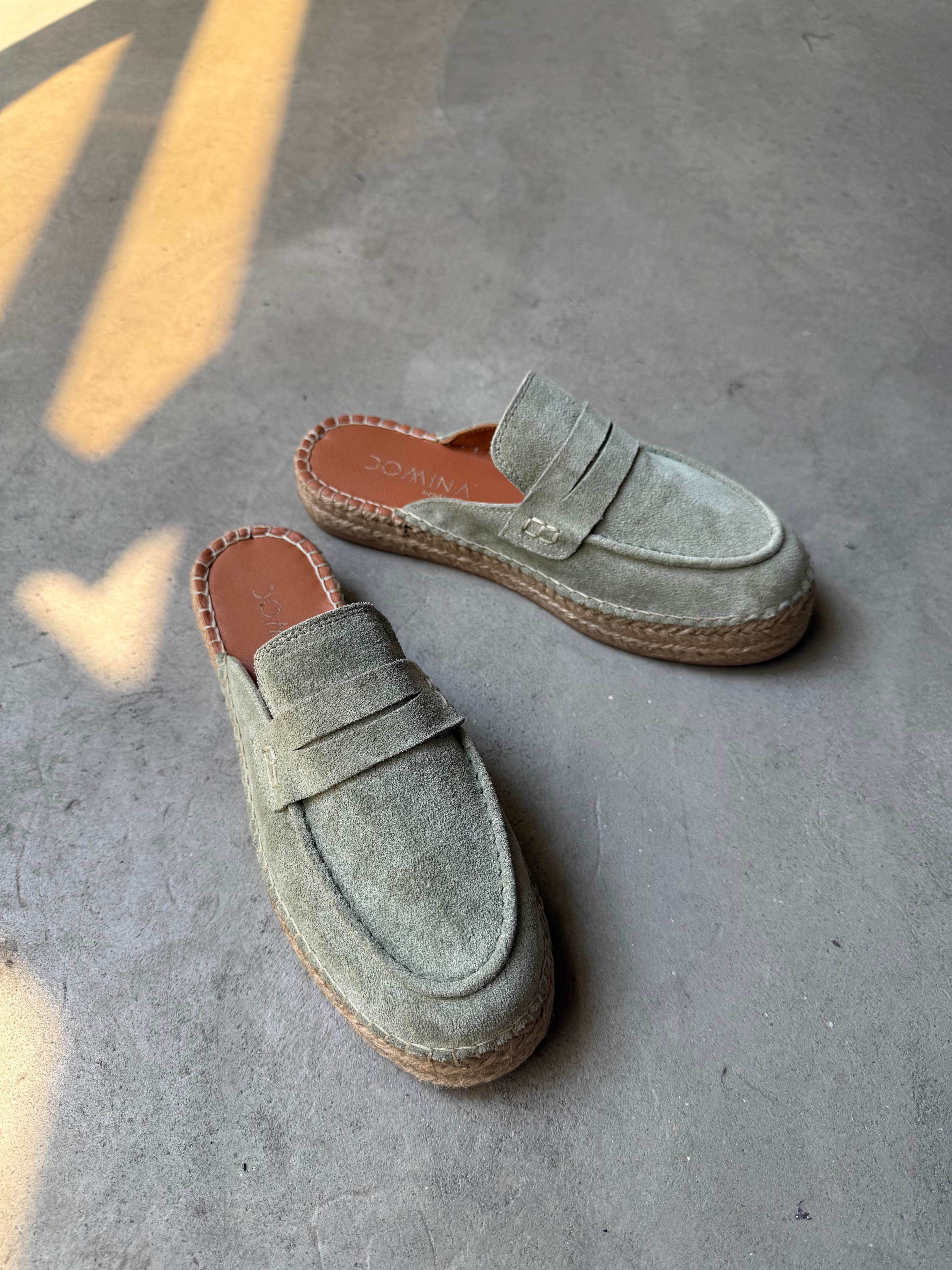 Yeşil Hakiki Deri Espadril Terlik - Dominatrend