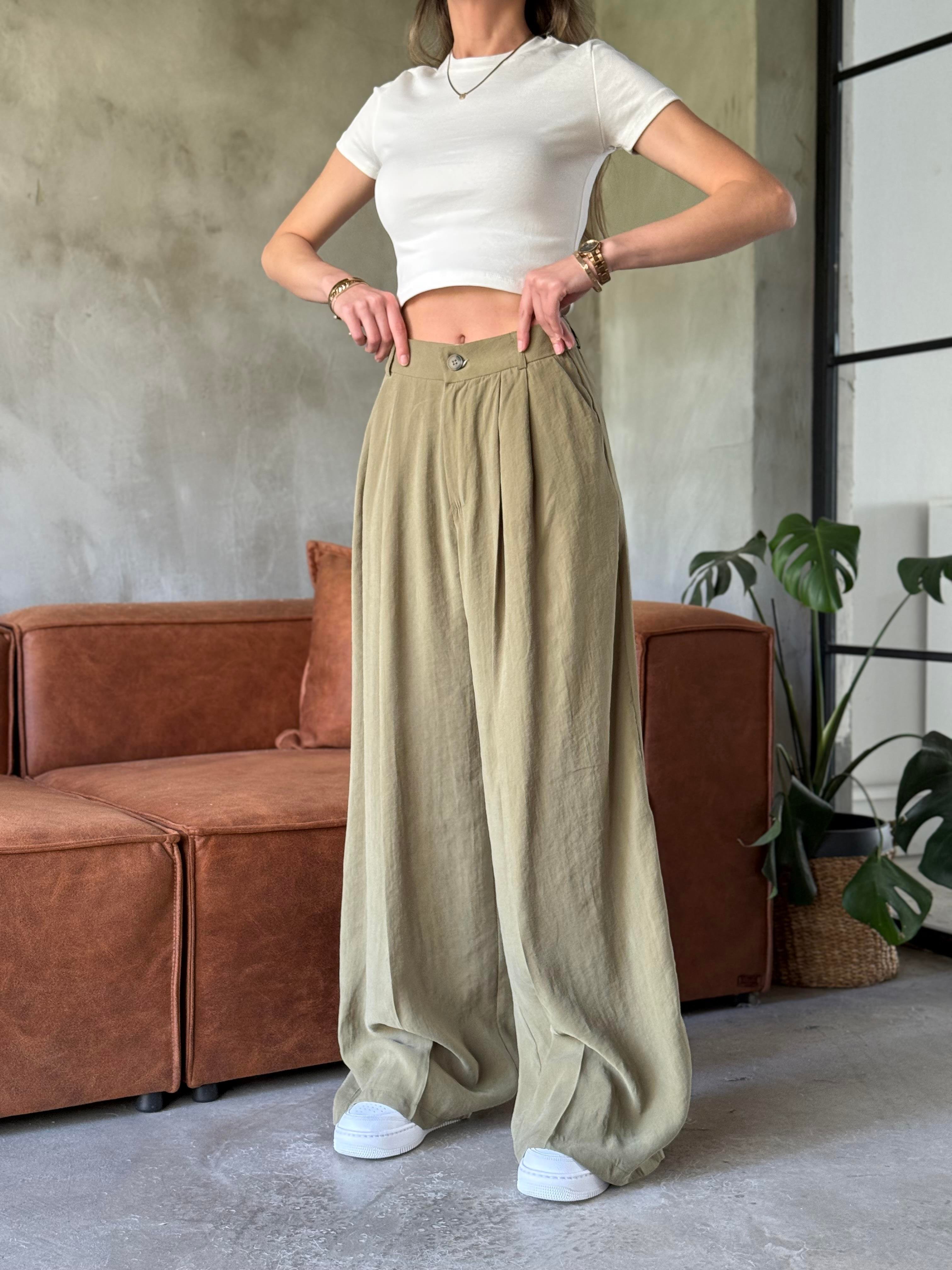 Yeşil Tencel Pantolon - Dominatrend