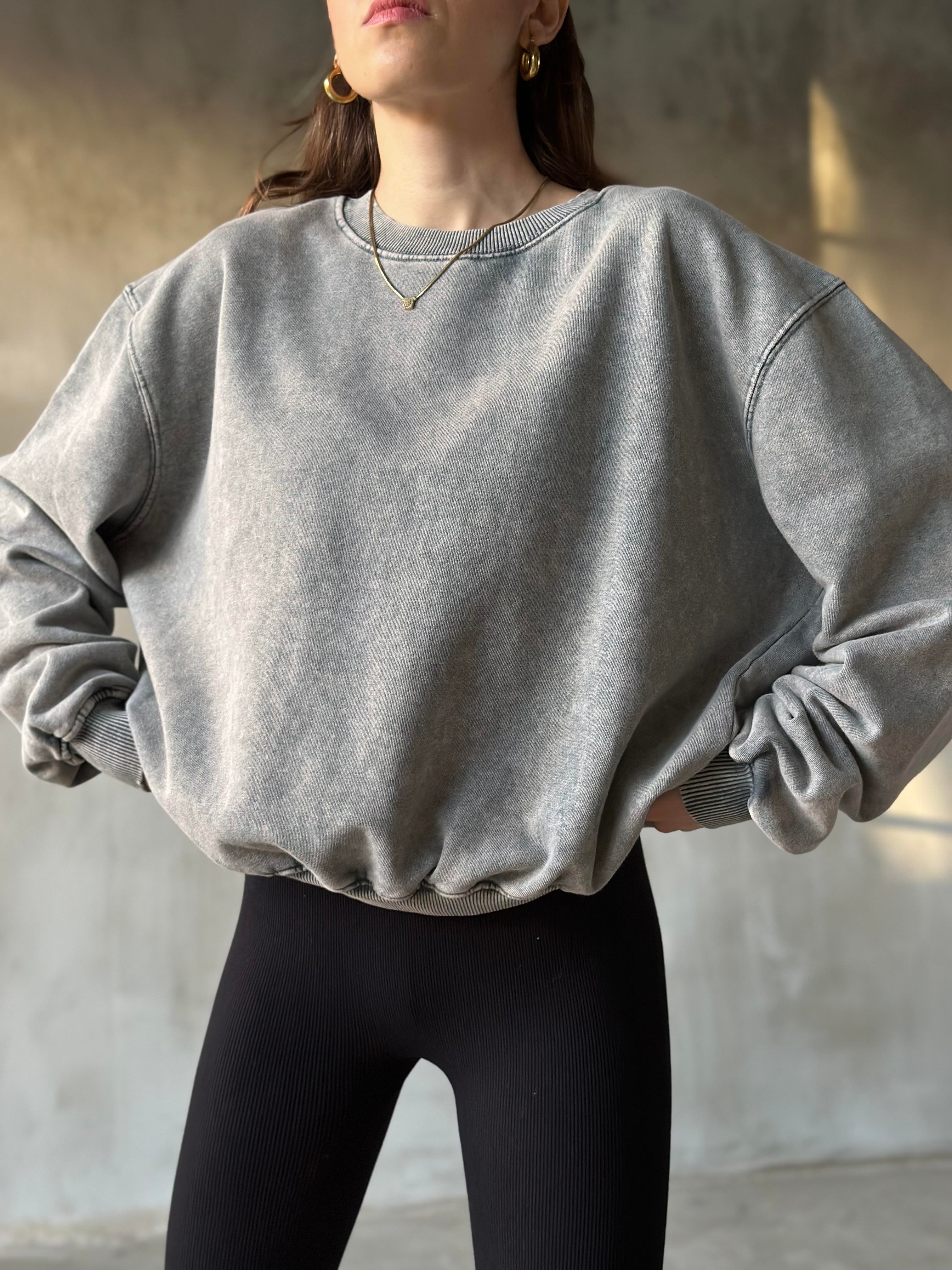 Yıkamal Oversize Sweatsirt - Gri - Dominatrend