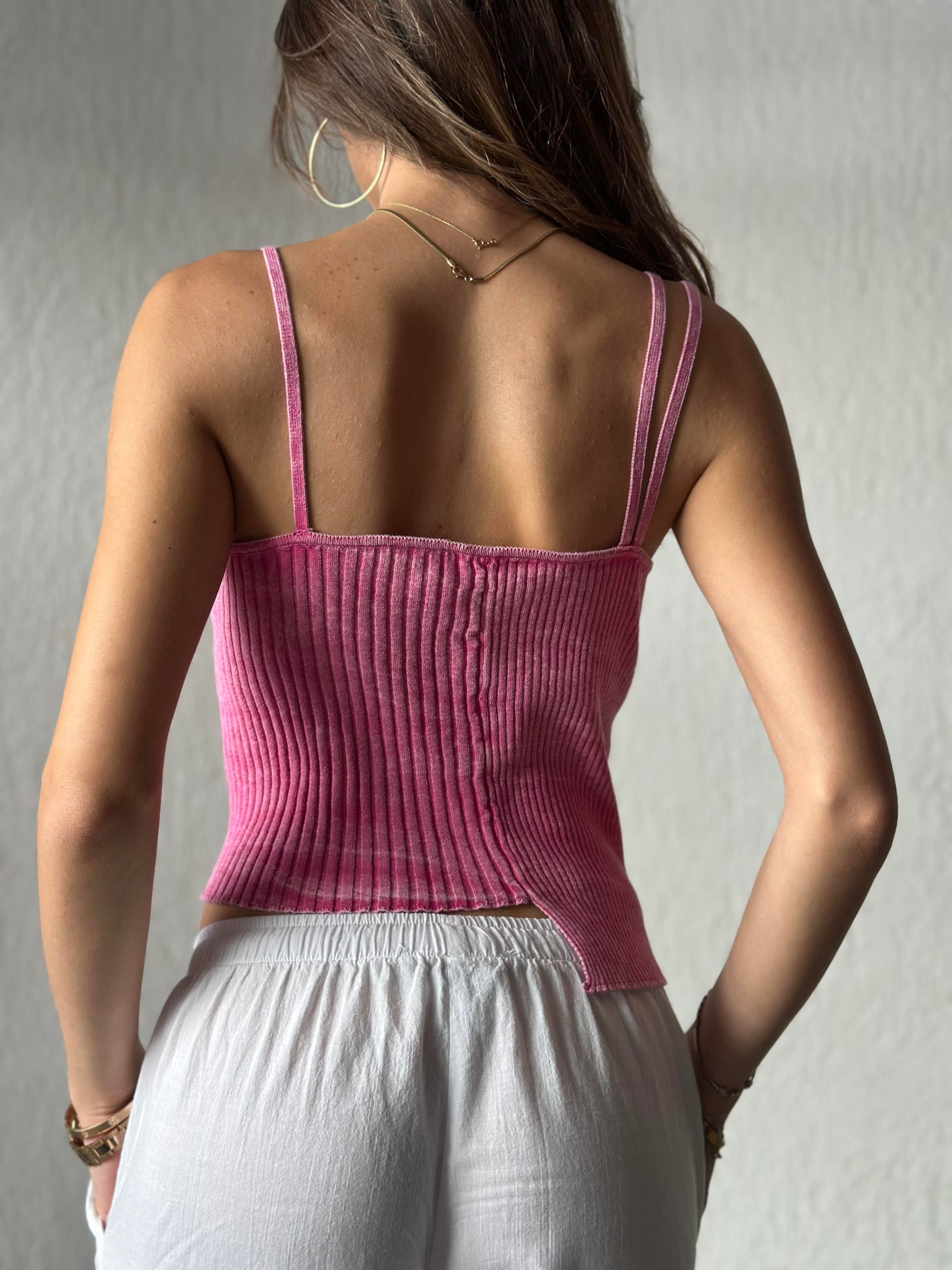 Yıkamalı Asimetrik Triko Crop - Pembe - Dominatrend