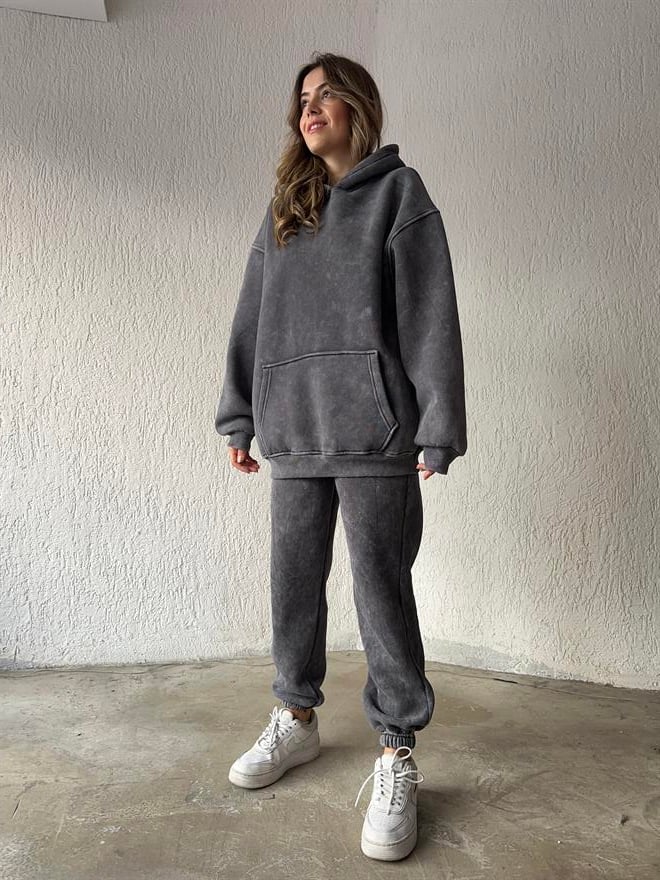 Yıkamalı Oversize Eşofman Takımı - Füme - Dominatrend
