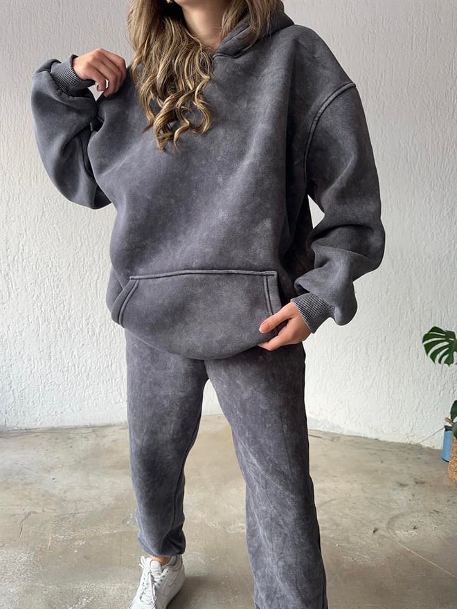 Yıkamalı Oversize Eşofman Takımı - Füme - Dominatrend