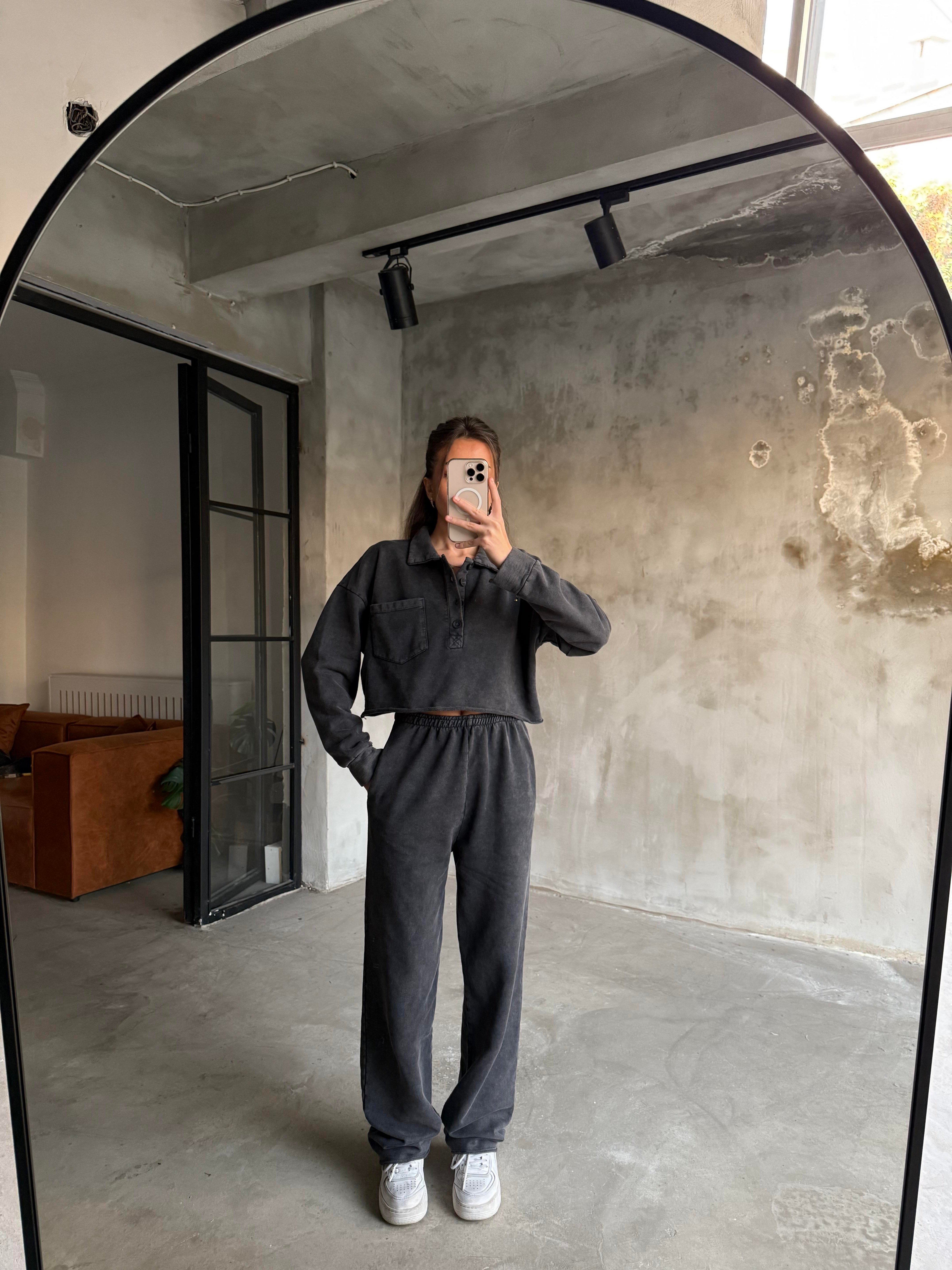 Yıkamalı Polo Yaka Crop Takım - Dominatrend