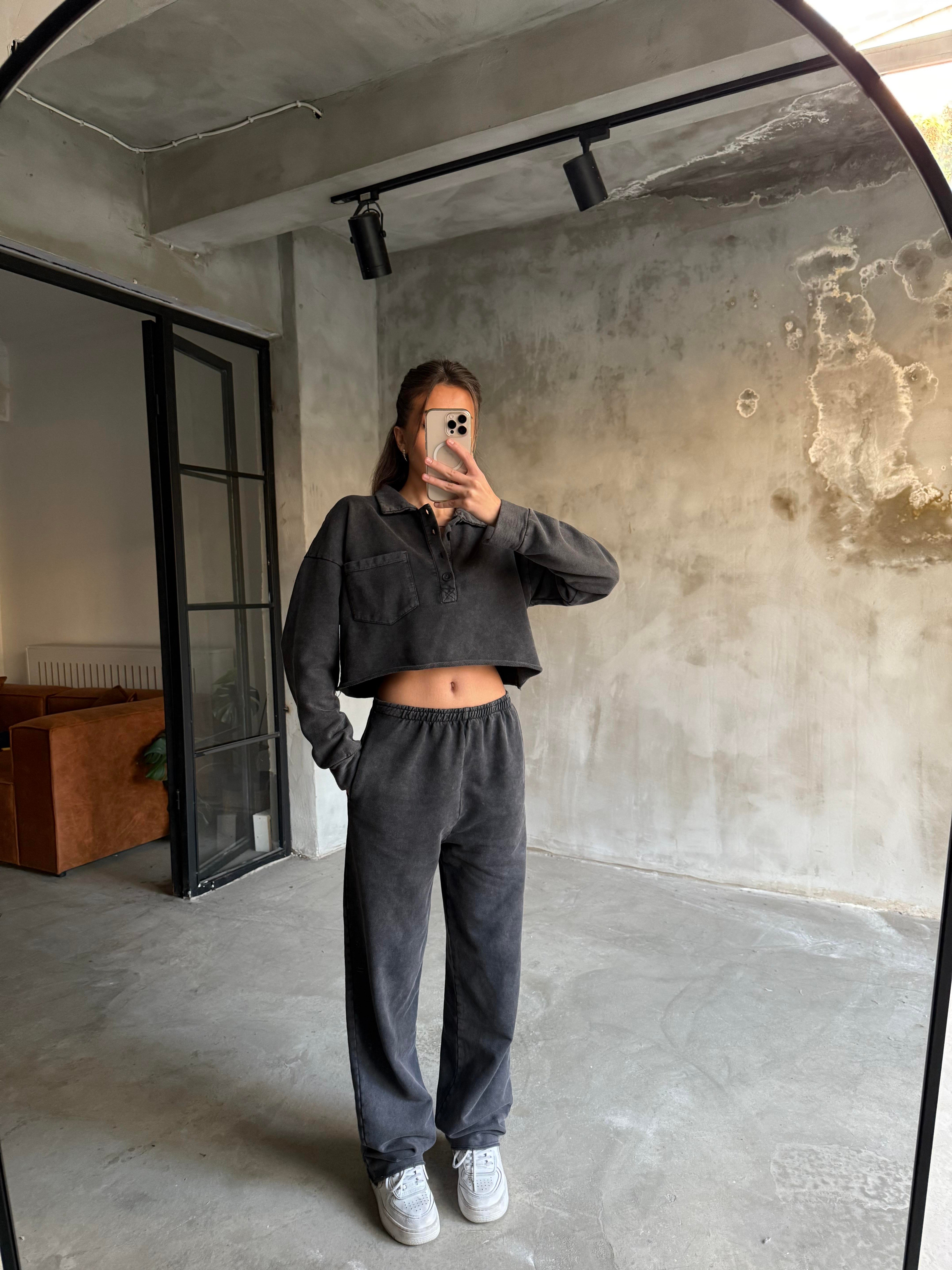 Yıkamalı Polo Yaka Crop Takım - Dominatrend