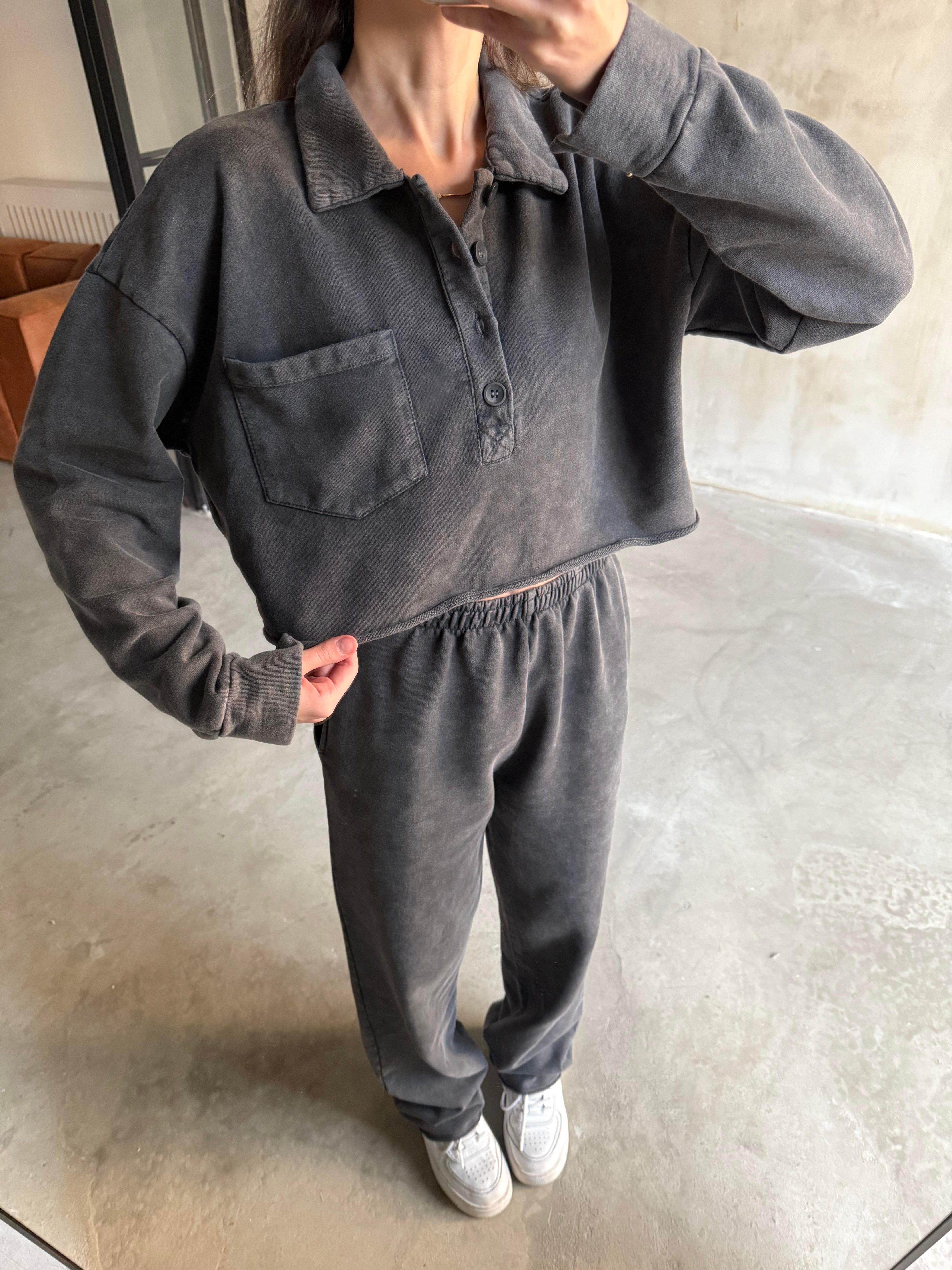 Yıkamalı Polo Yaka Crop Takım - Dominatrend