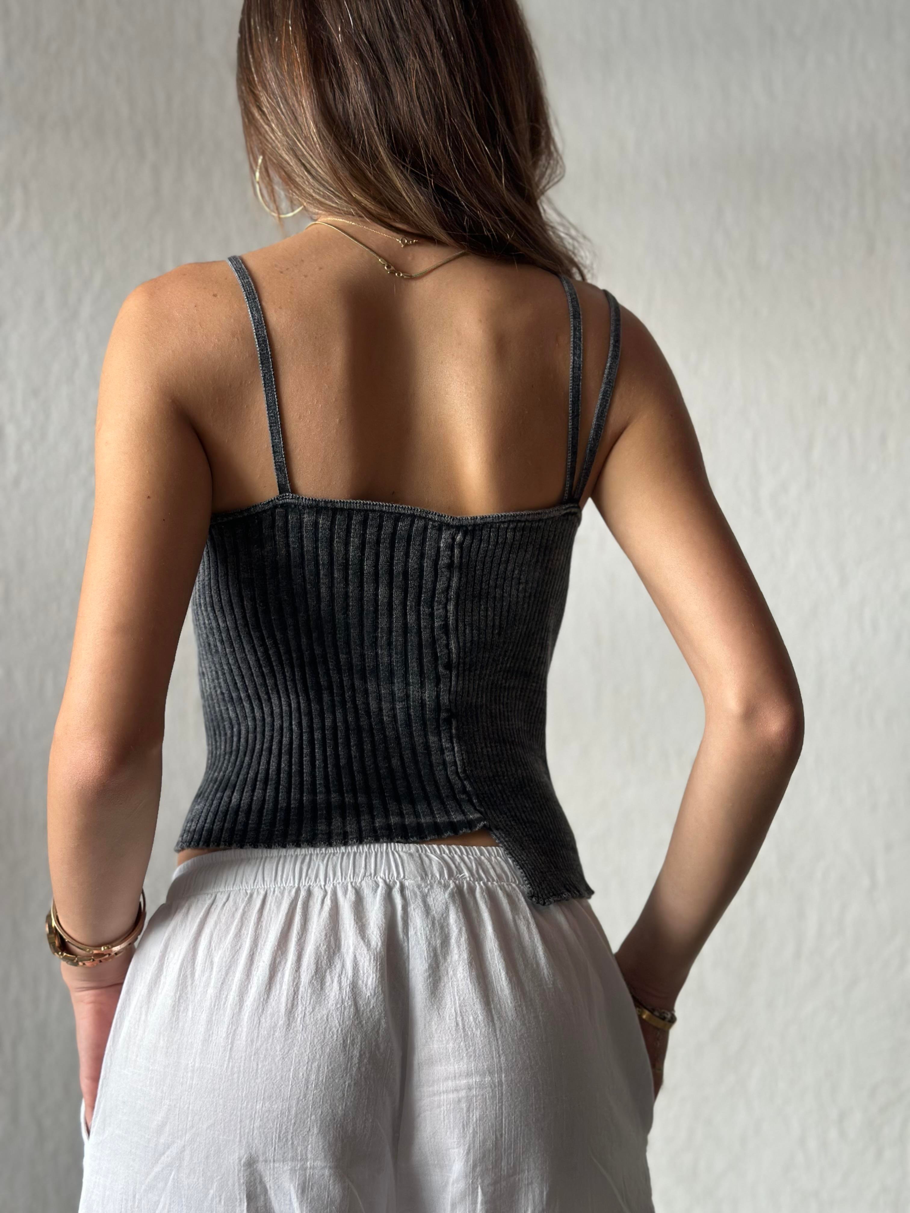 Yıkamalı Triko Asimetrik Crop - Füme - Dominatrend