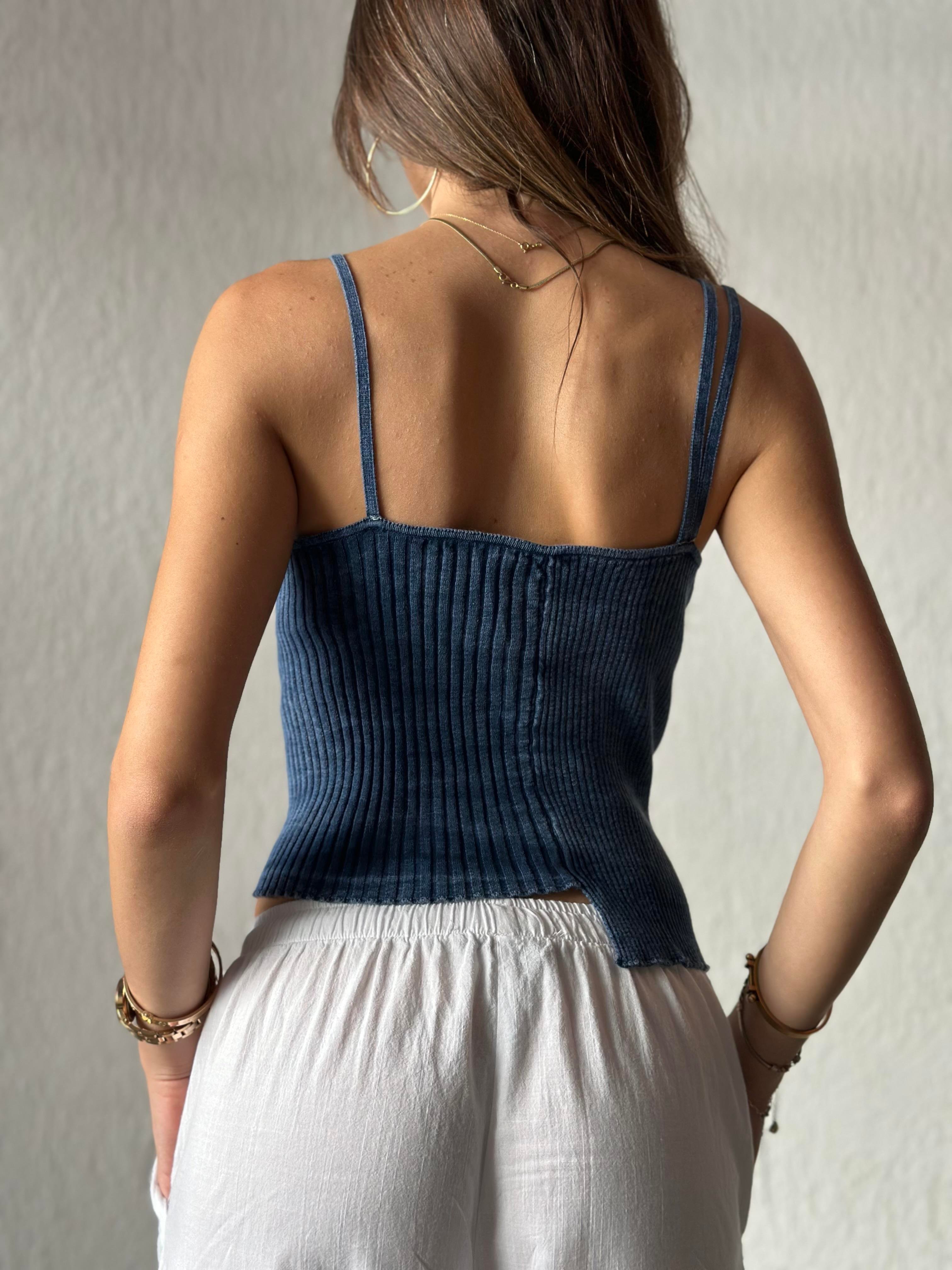 Yıkamalı Triko Asimetrik Crop - İndigo - Dominatrend