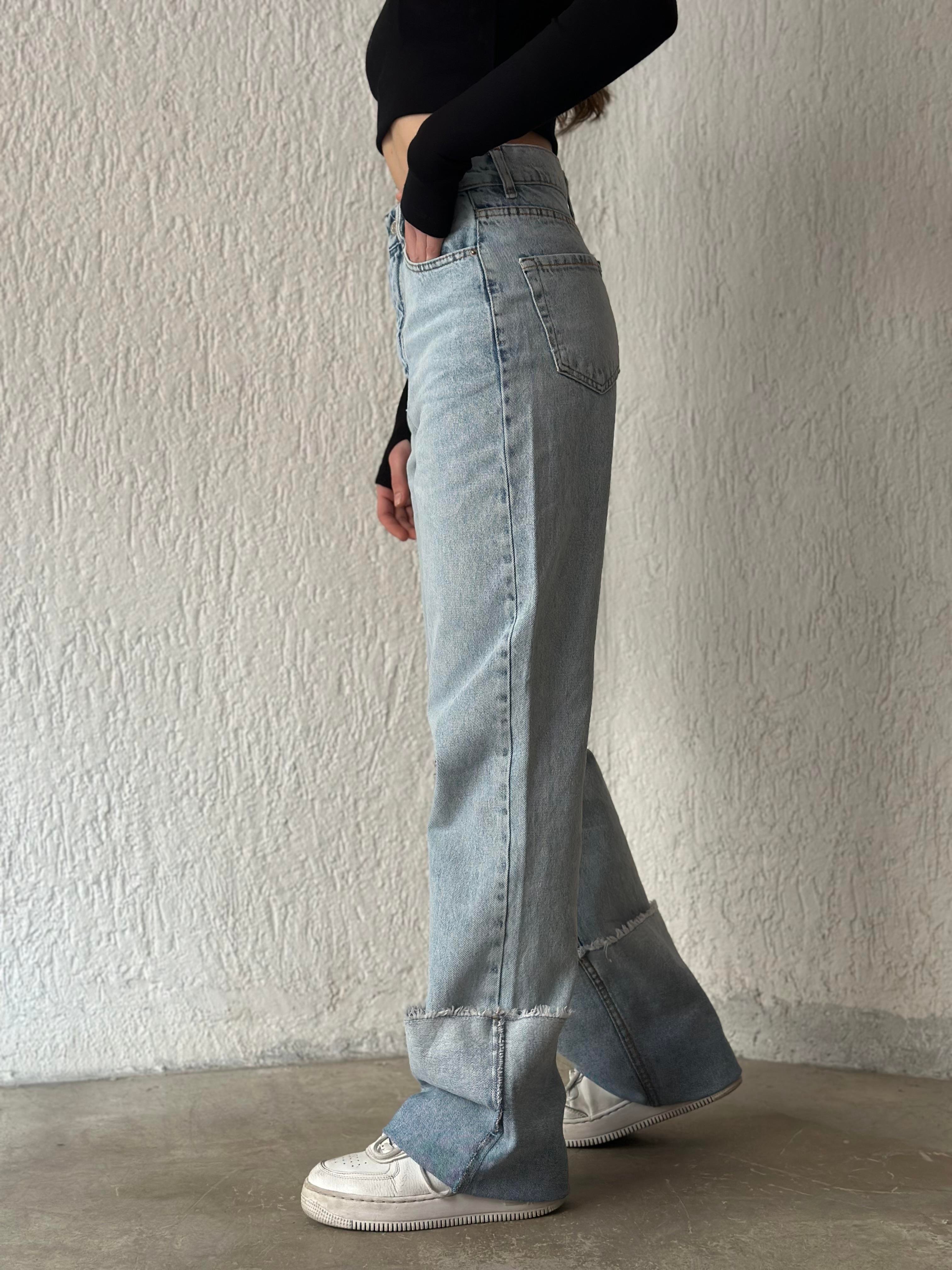 Yüksek Bel Katlı Paça Mavi Kar Yıkama Jean - Dominatrend