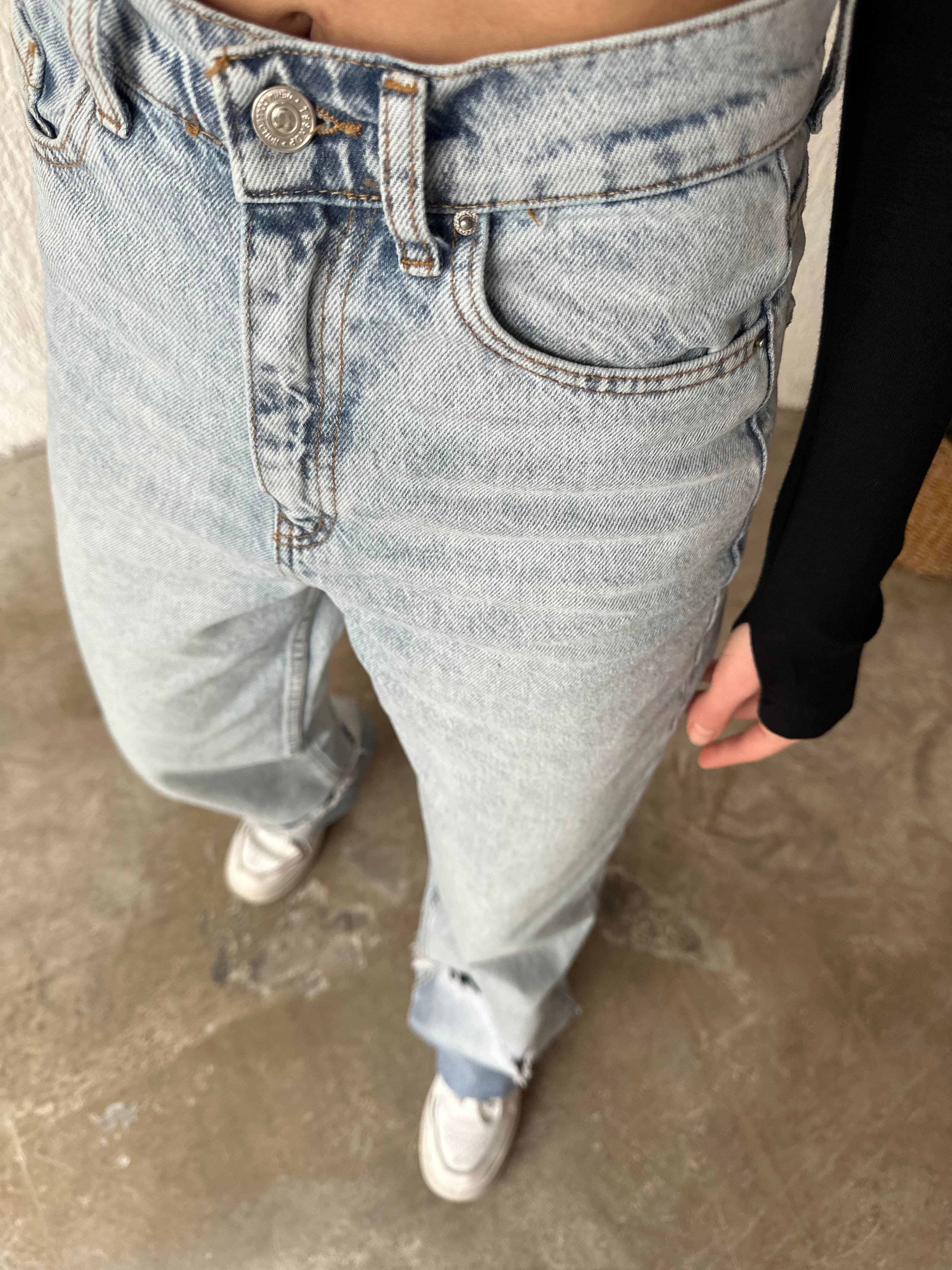 Yüksek Bel Katlı Paça Mavi Kar Yıkama Jean - Dominatrend