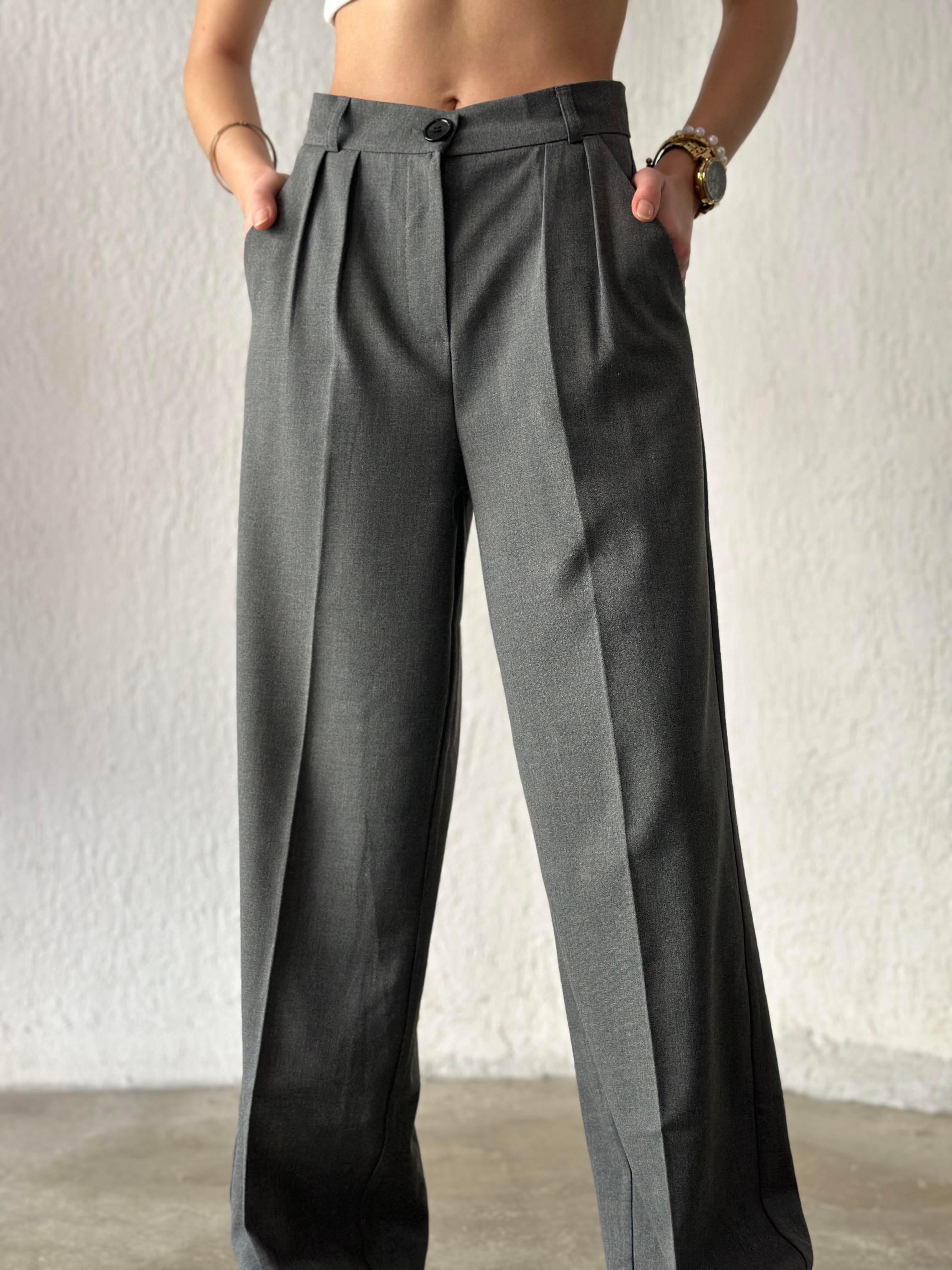 Yüksek Bel Palazzo Pantolon - Gri - Dominatrend