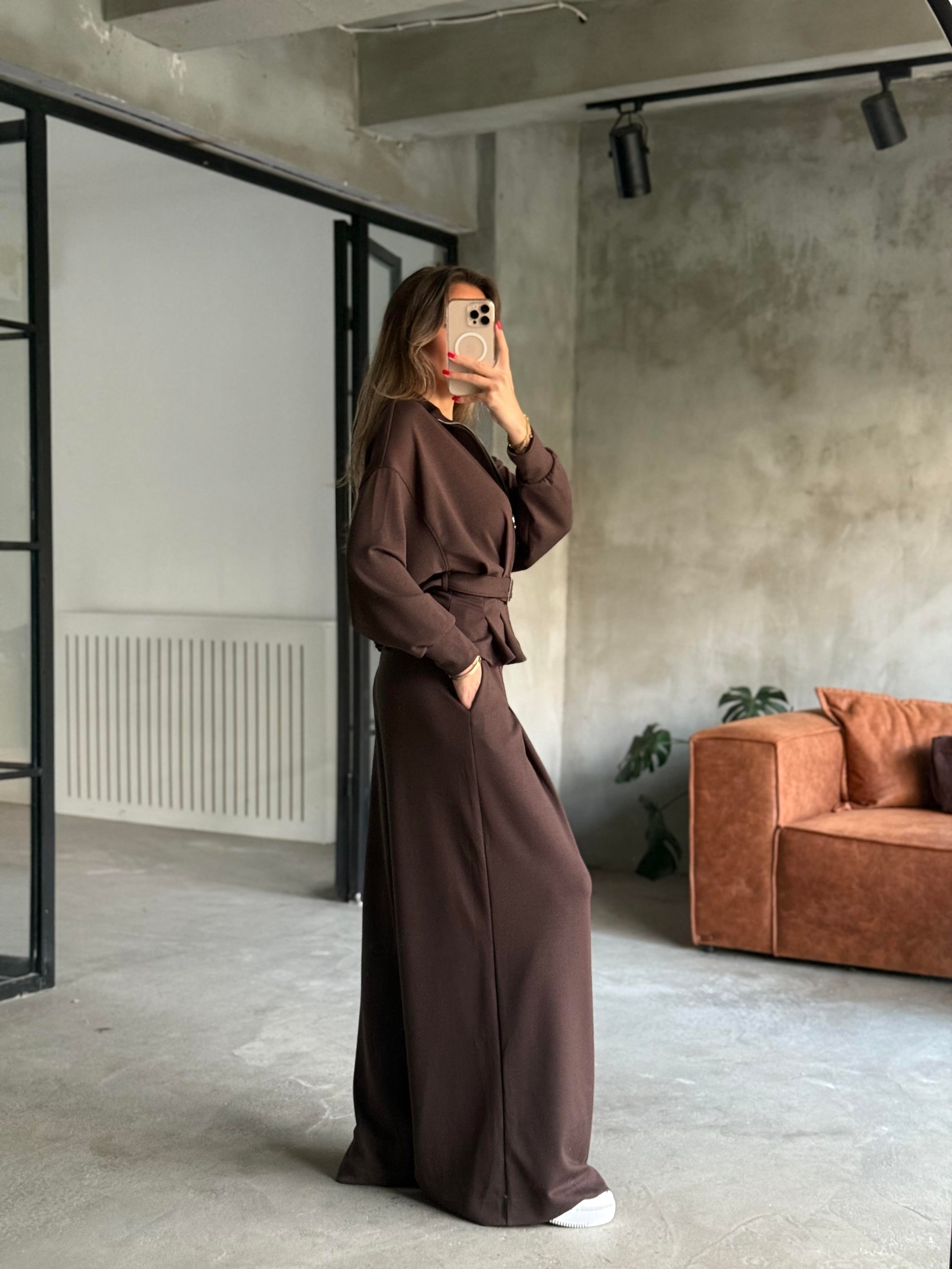 Yumuşak Dokunuşlu Modal Kemerli Takım - Kahverengi - Dominatrend