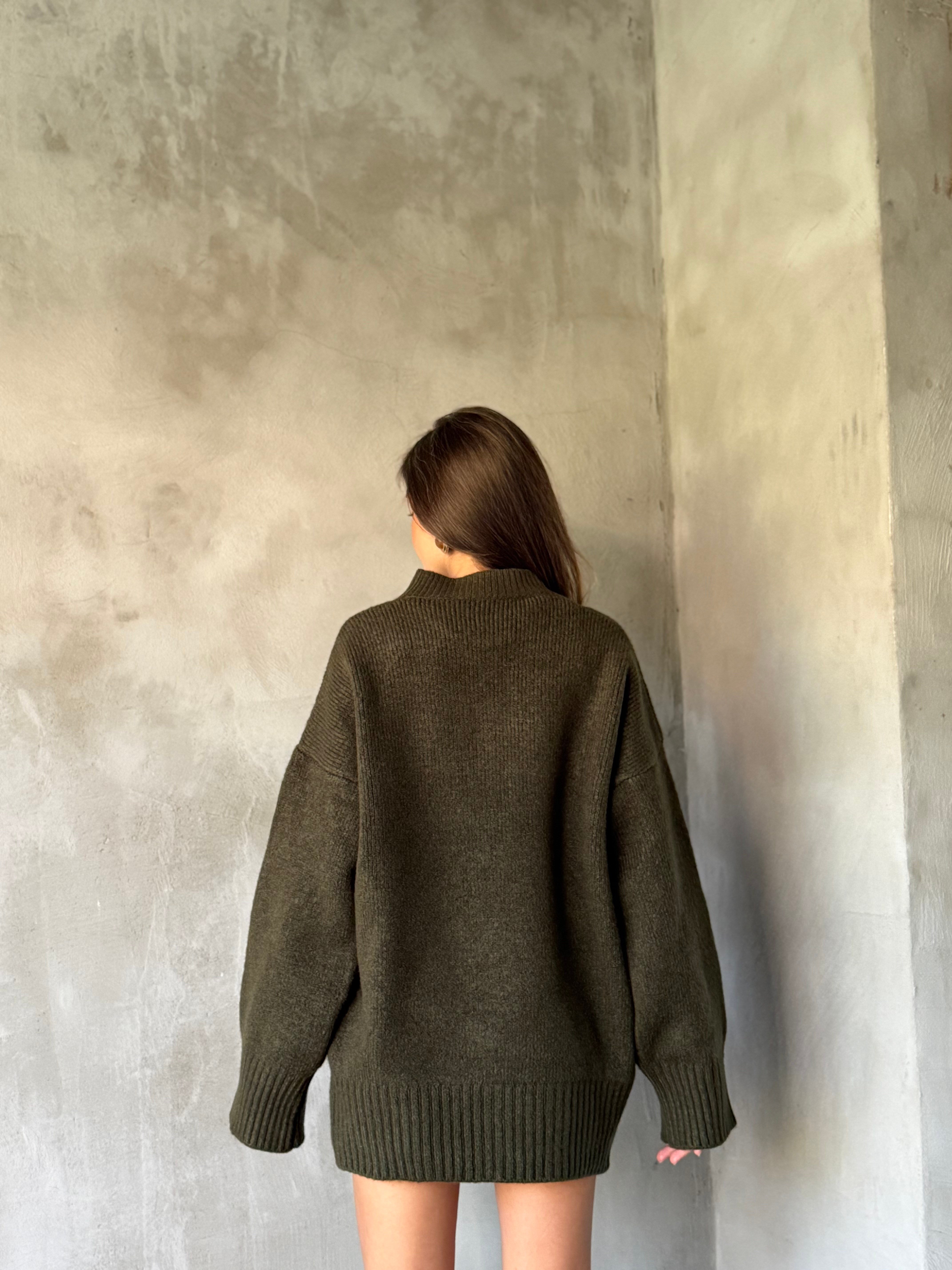 Yün Basic Oversize Bisiklet Yaka Kazak - Haki - Dominatrend