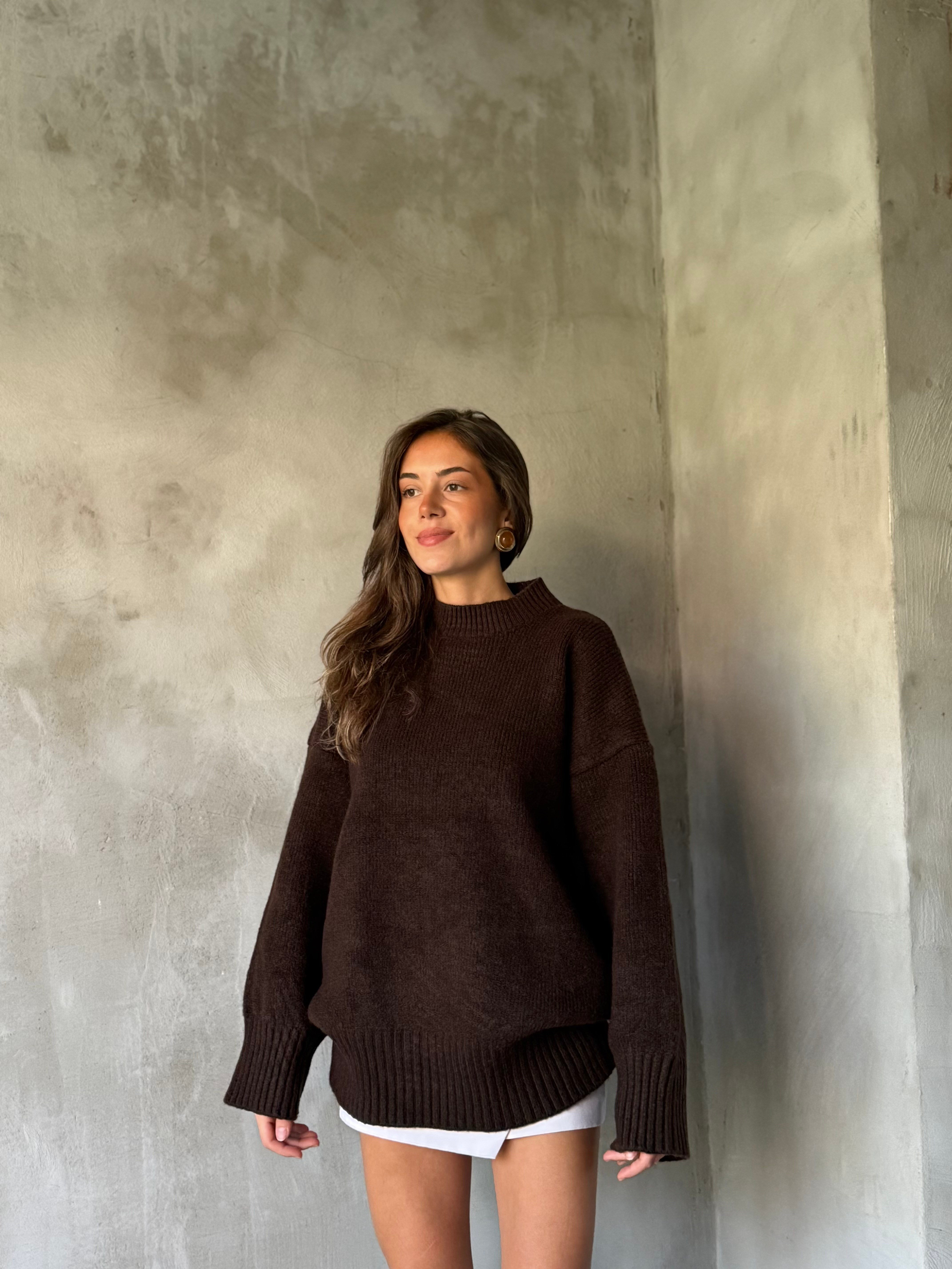 Yün Basic Oversize Bisiklet Yaka Kazak - Kahverengi  - Dominatrend