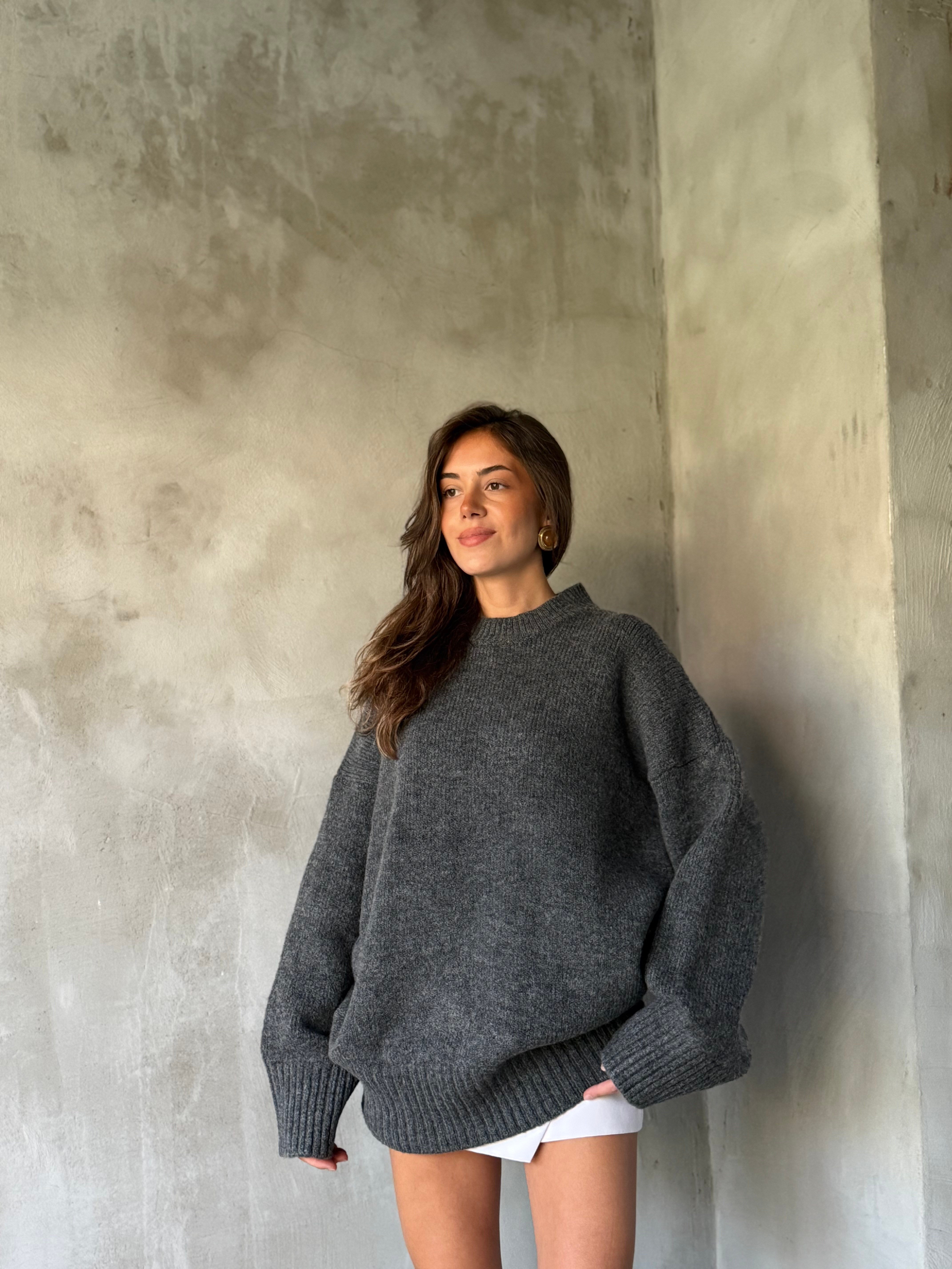 Yün Basic Oversize Bisiklet Yaka Kazak - Antrasit  - Dominatrend