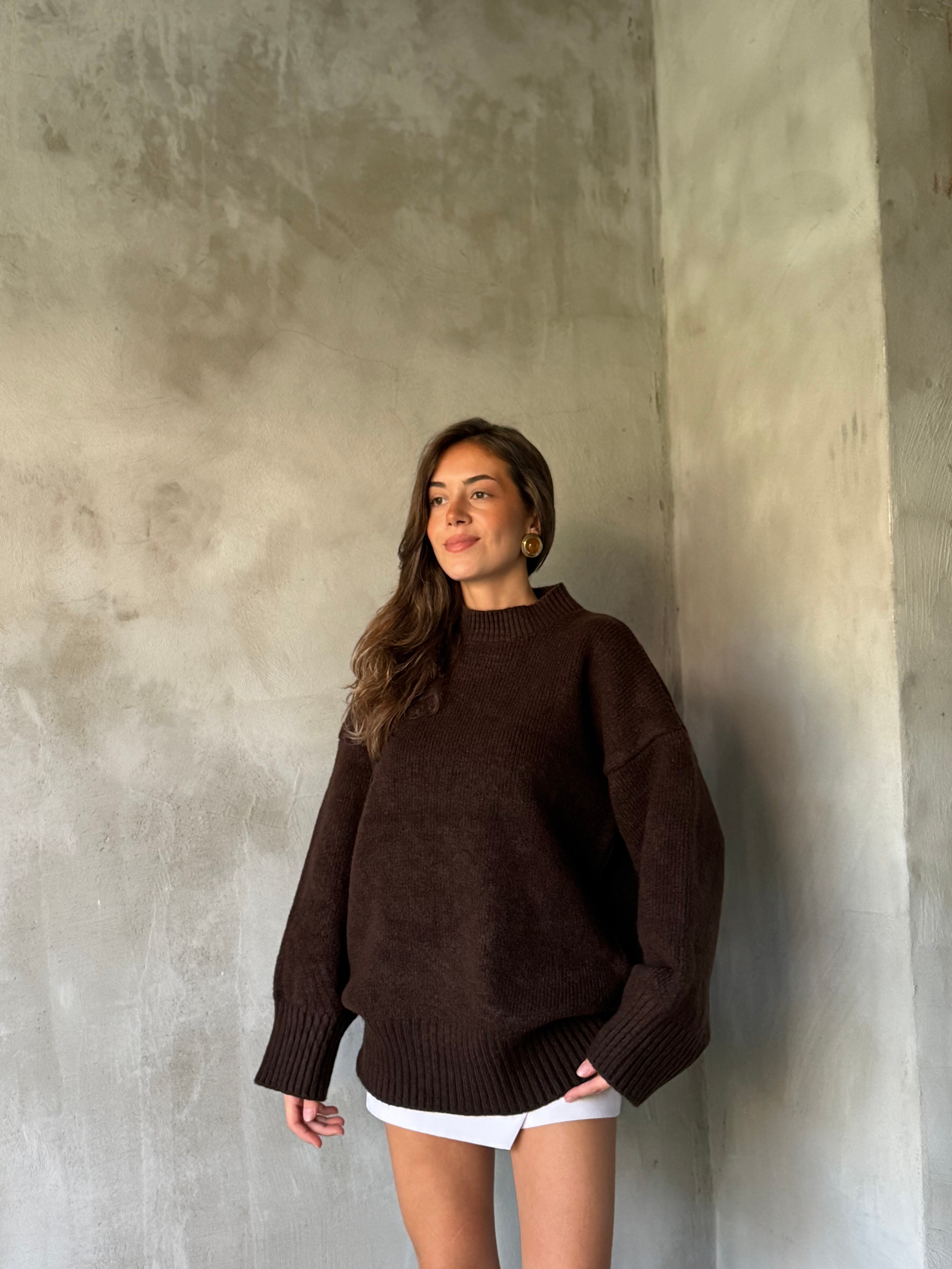 Yün Basic Oversize Bisiklet Yaka Kazak - Kahverengi  - Dominatrend