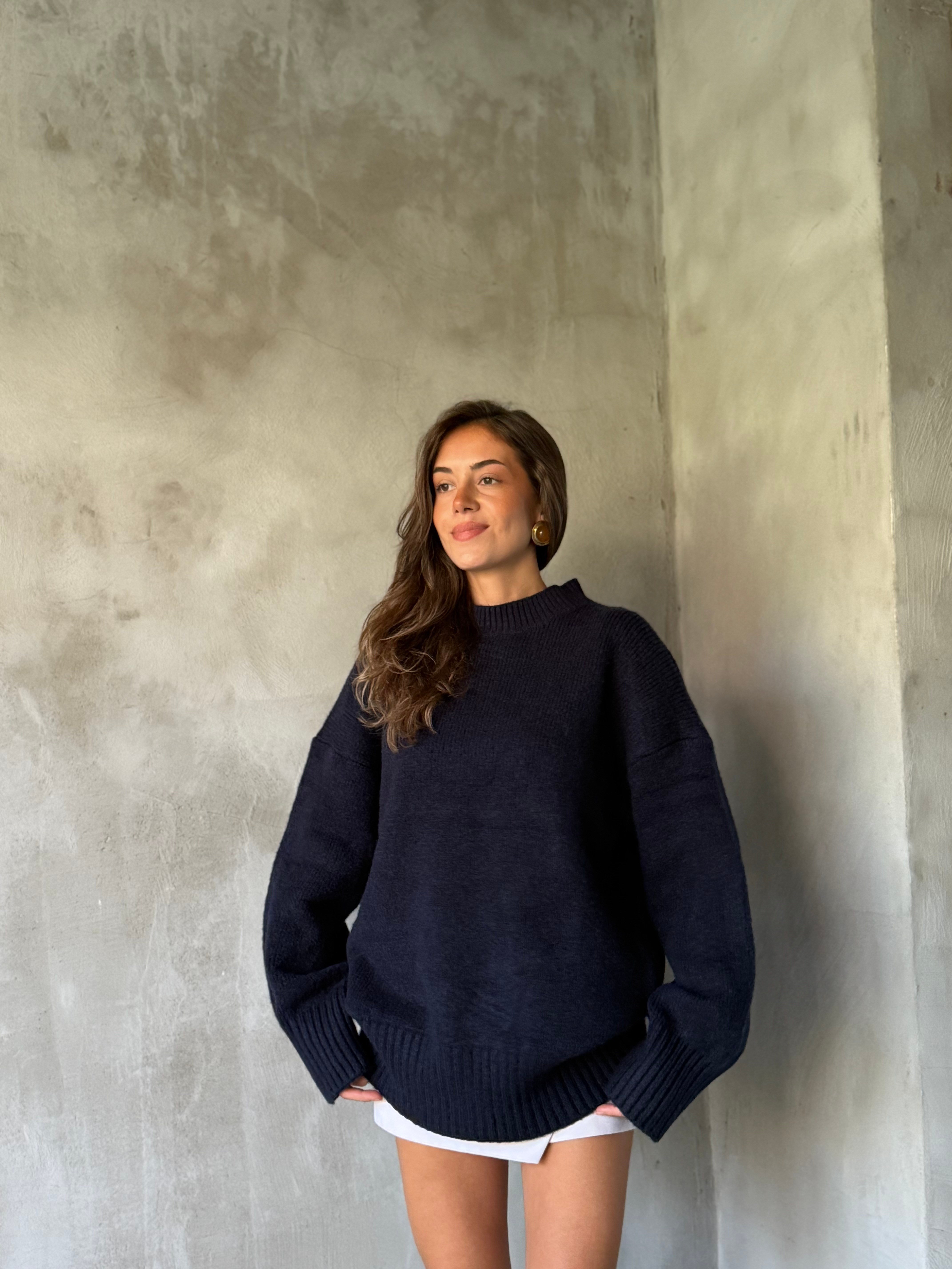 Yün Basic Oversize Bisiklet Yaka Kazak - Lacivert - Dominatrend